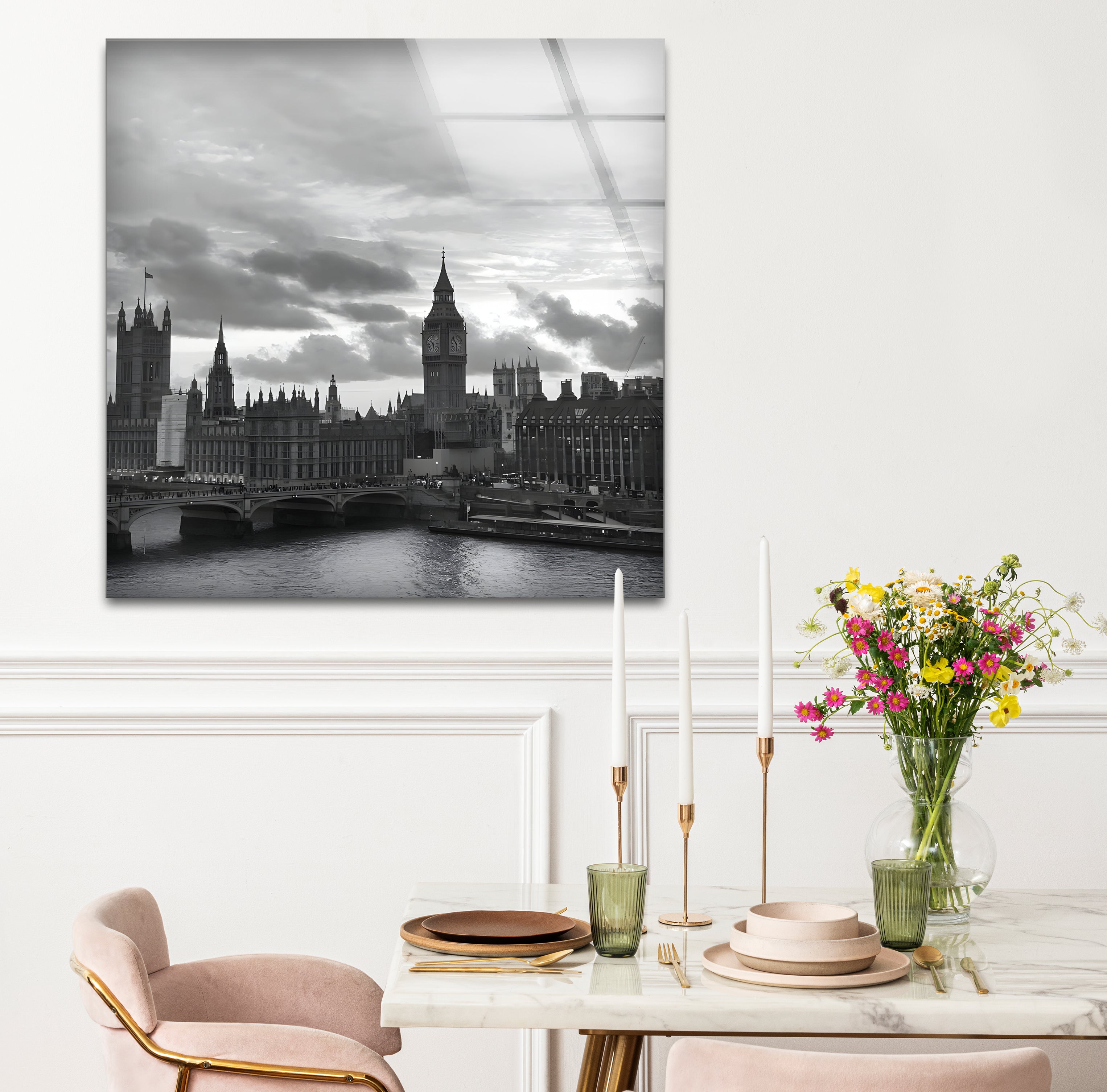 Black and White London Skyline Glass Wall Art - Elegant Cityscape Decor for Living Room, Office & Home