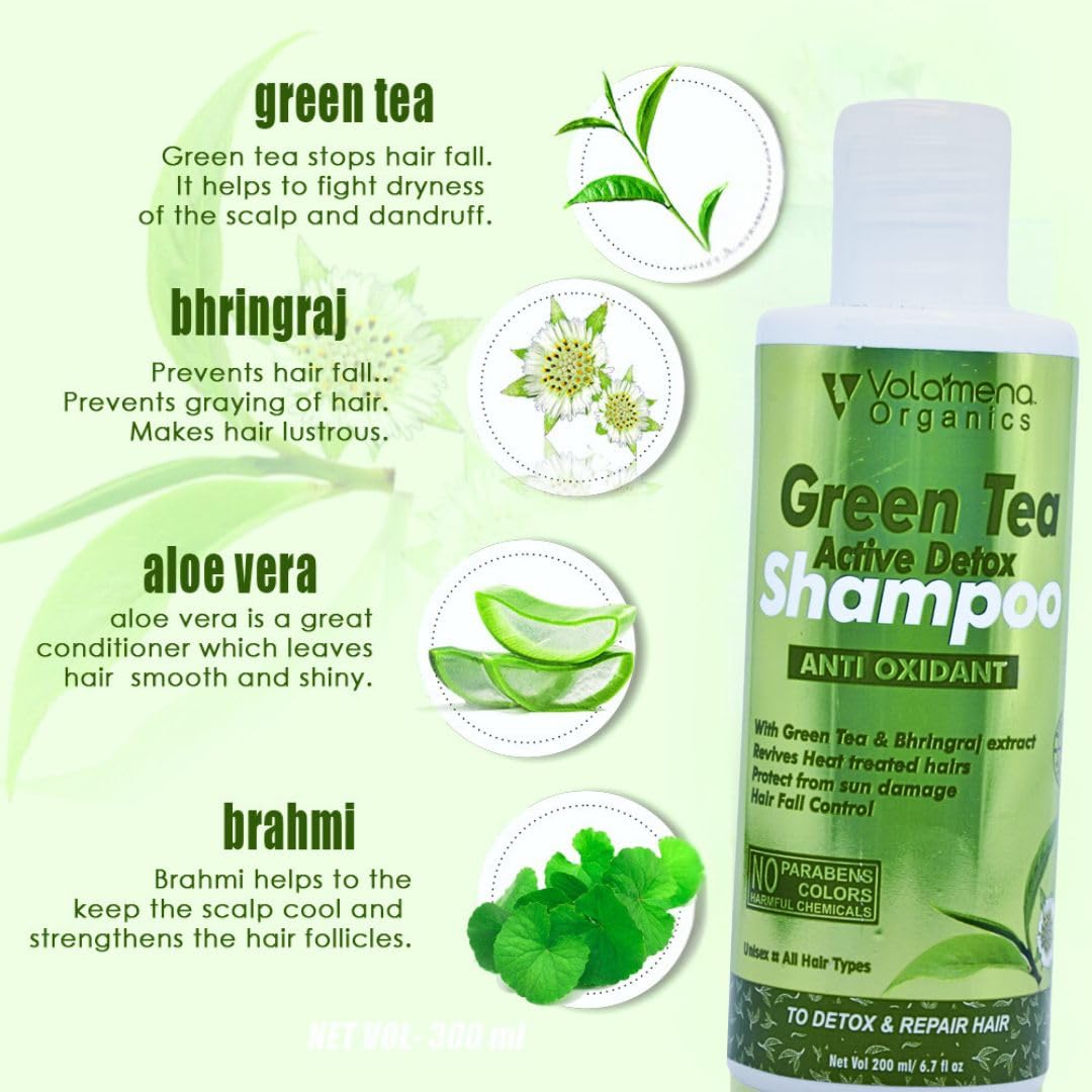 Volamena Green Tea & Bhringraj Anti-Dandruff Shampoo for Hair Fall Control - 200ml | Natural Ayurvedic Formula for Healthy Scalp & Stronger Hair - Perfect for Daily Use & Sensitive Scalp