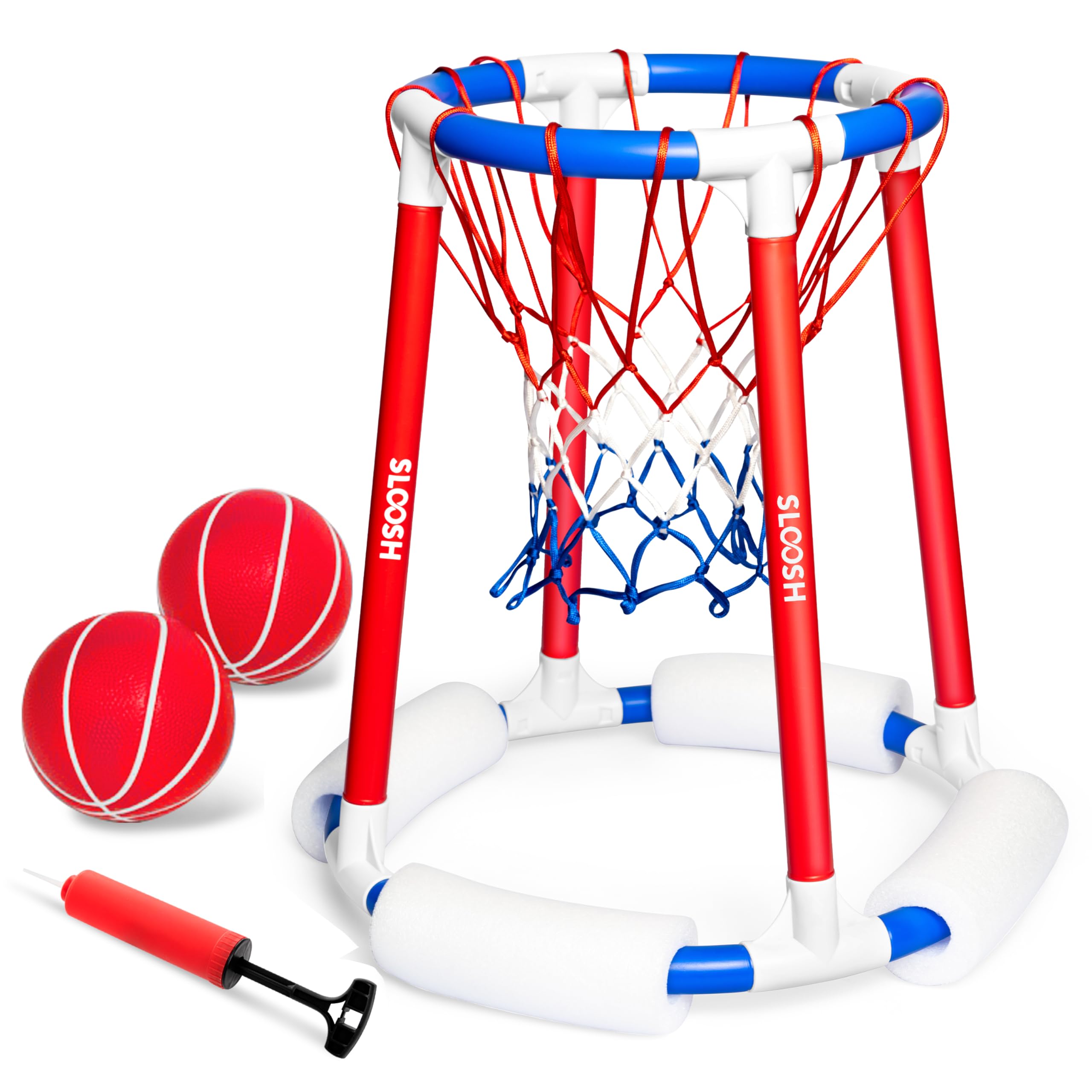 **Sloosh Pool Basketball Hoop - Floating Water Basketball Game with Balls & Pump - Fun Outdoor Swimming Pool Toy for Kids & Adults (Red & Blue) - Perfect for Summer Parties, Beach Trips & Backyard Fun**