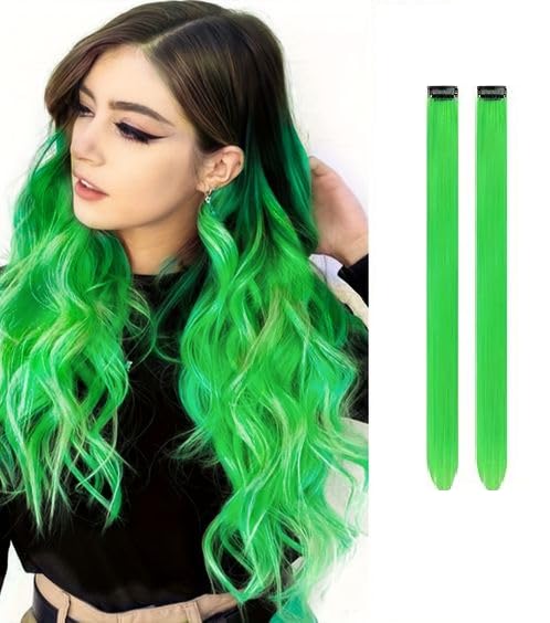 2-Pack Dark Green Hair Streak Extensions for Women & Girls - Clip-in Colored Hair Highlights for Styling & Fashion Accessories - Perfect for Parties, Cosplay & Everyday Looks