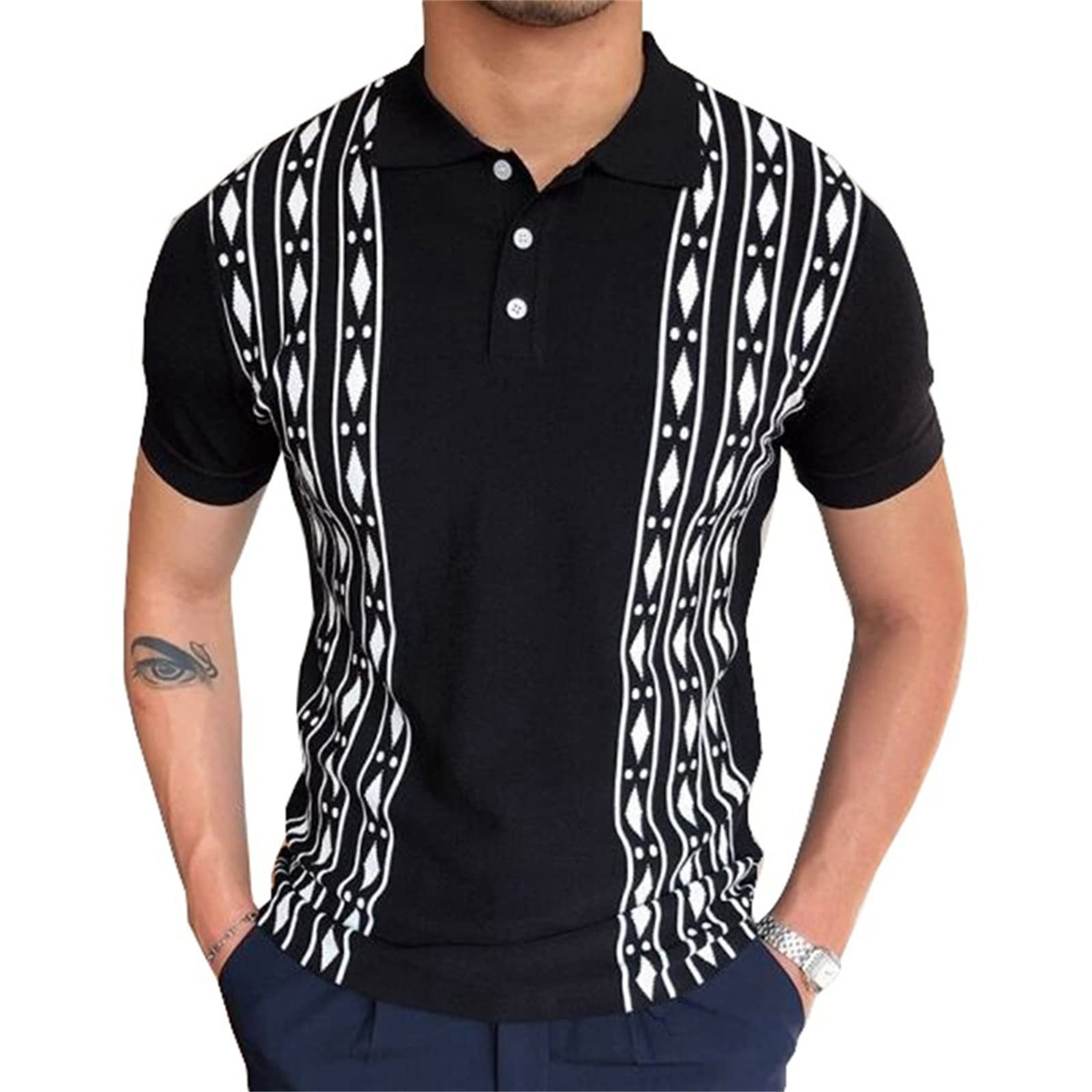 Vintage Color Block Golf Polo Shirts for Men - Striped Tennis Polo T-Shirts - Breathable Performance Shirts for Golf, Tennis & Casual Wear