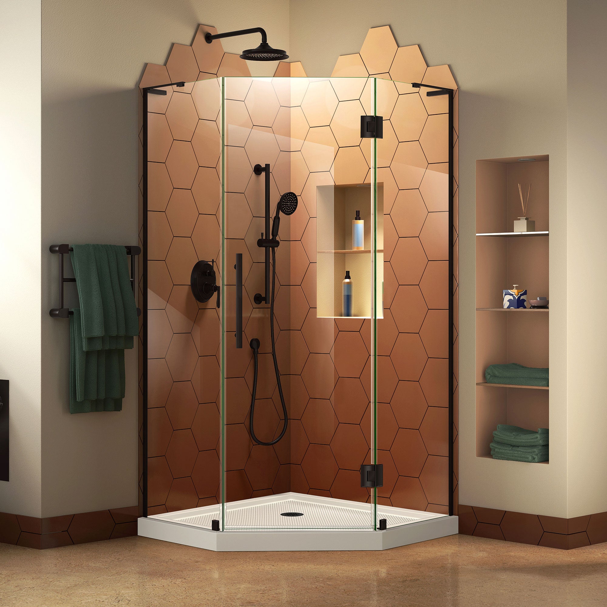 DreamLine Prism Plus 40x74.75 Inch Frameless Neo-Angle Shower Enclosure - Chrome Finish with Biscuit Base | Perfect for Modern Bathroom Renovations & Space-Saving Design