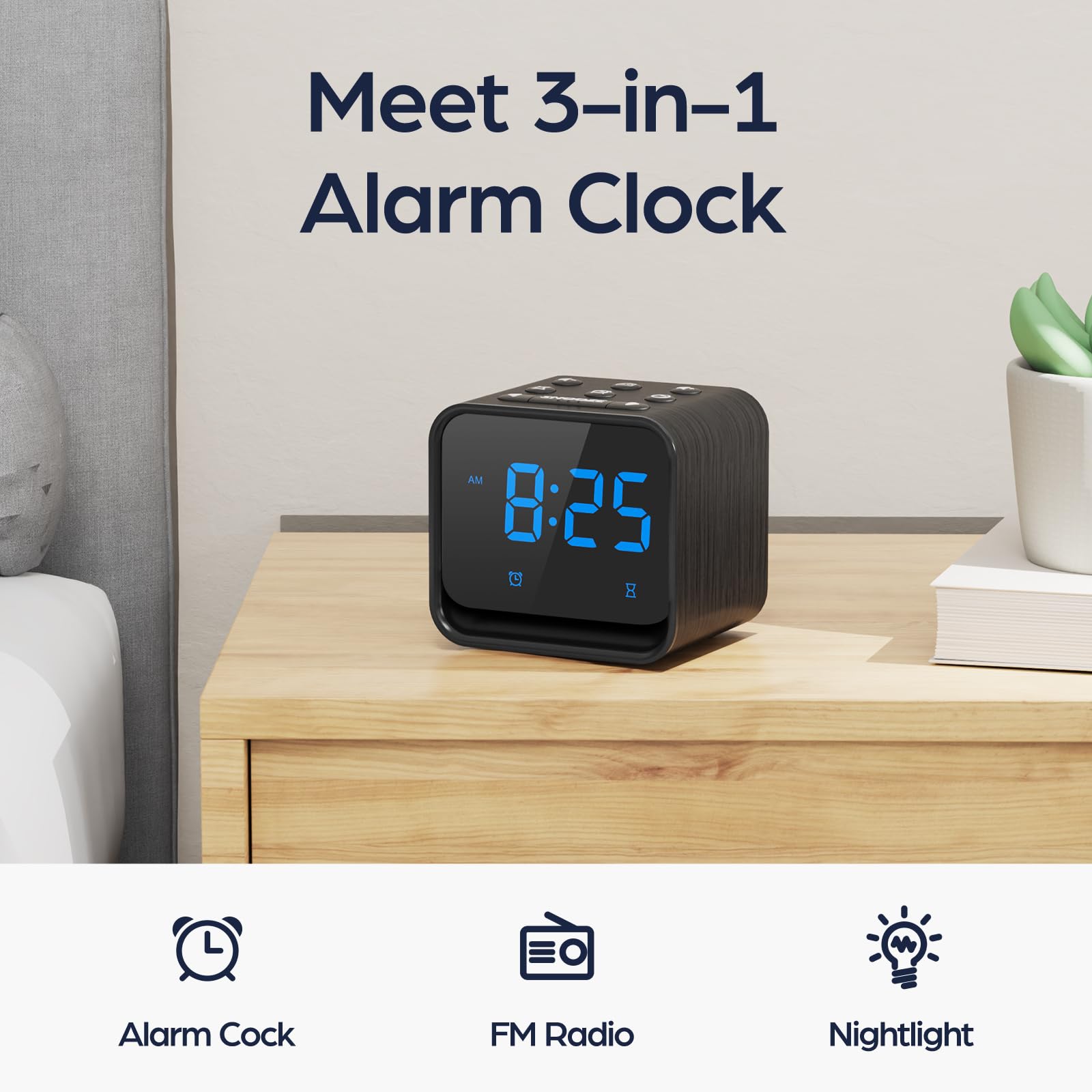 HOUSBAY Wooden Alarm Clock with Dimmable Display - Sleep-Friendly LED Night Light, FM Radio & Gentle Wake-Up Alarm - Perfect for Bedroom, Office and Gift Giving
