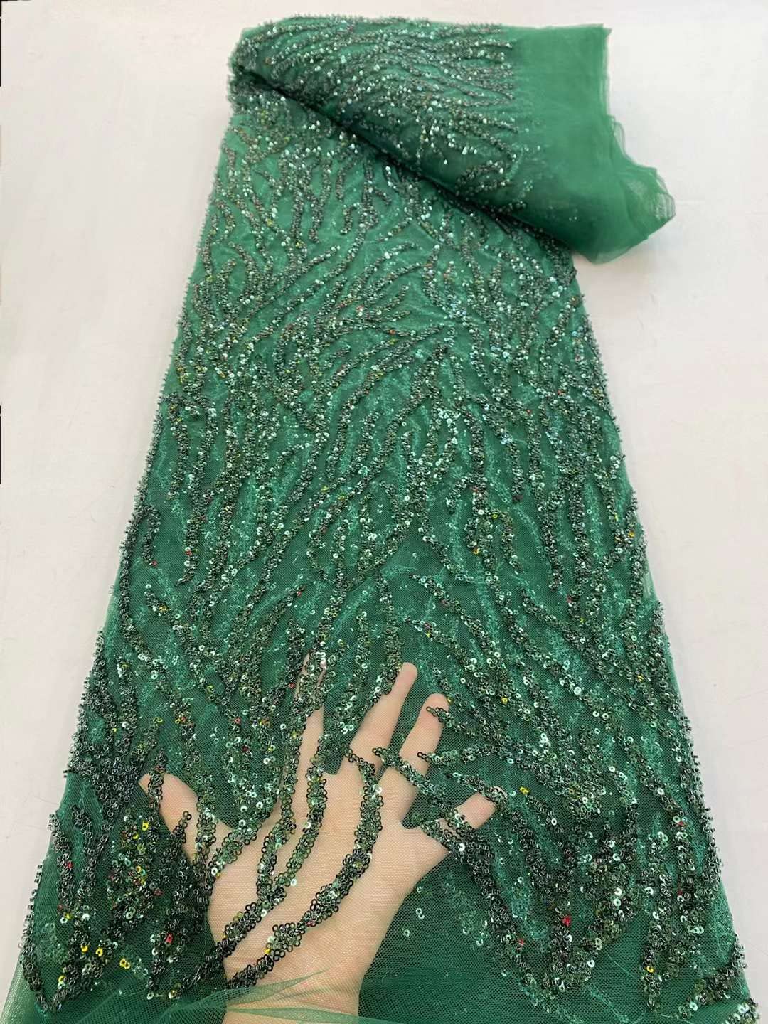 Premium African Lace Fabric - High-Quality French Beaded Sequin Lace Material for Wedding Dresses & Evening Gowns (Deep Green, 5 Yards) - Perfect for Bridal Gowns, Prom Dresses & Special Occasion Attire