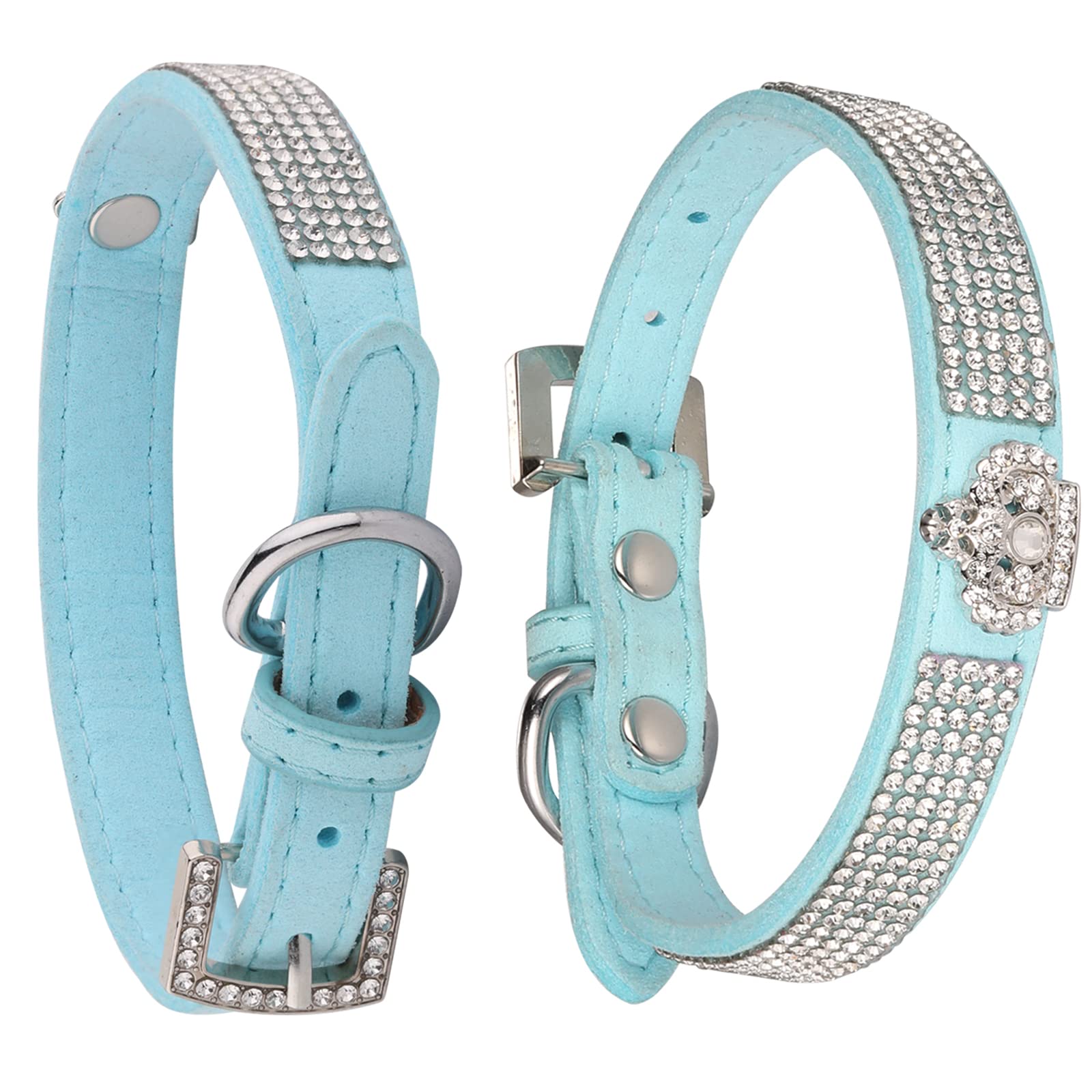 Sparkly Silver Buckle Rhinestone Crown Velvet Leather Dog Collar for Small Dogs & Cats - Luxury Bling Diamond Decoration Pet Collar (XS, Blue) - Perfect for Daily Walks, Grooming & Special Occasions