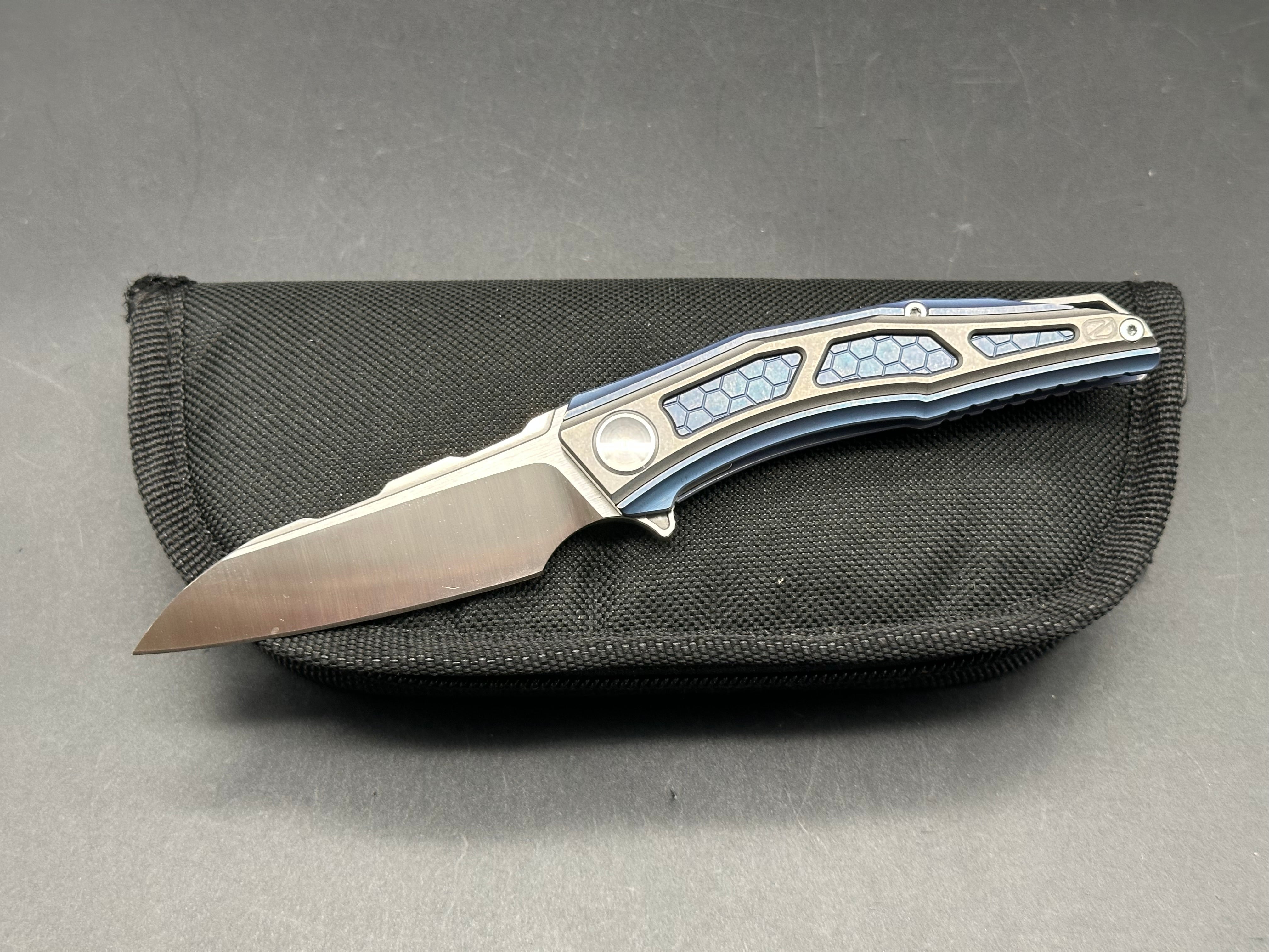 Stedemon Jenova Knife - Blue Milled Titanium & Grey Titanium Frame, Wharncliffe Blade, Satin CTS 204P Steel - EDC, Outdoor, Camping & Tactical Use