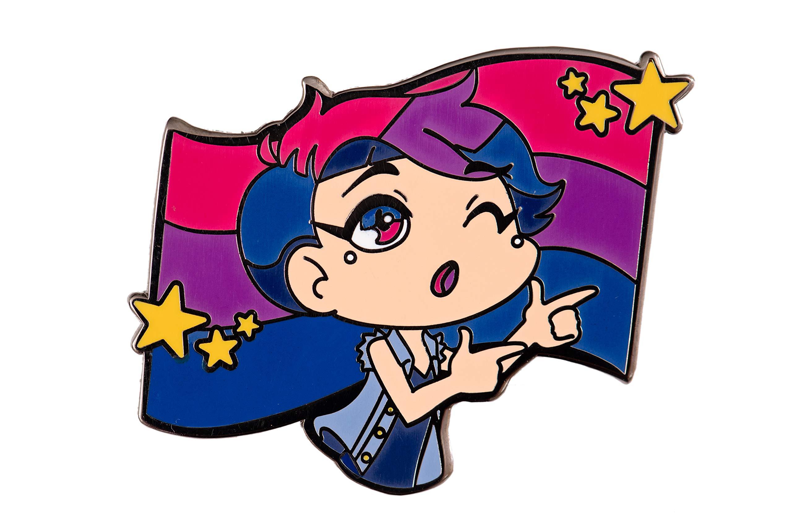 Bisexual Pride Flag Enamel Pin - Cute Chibi Style Finger Guns LGBTQ+ Accessory for Backpacks, Jackets & Pride Events