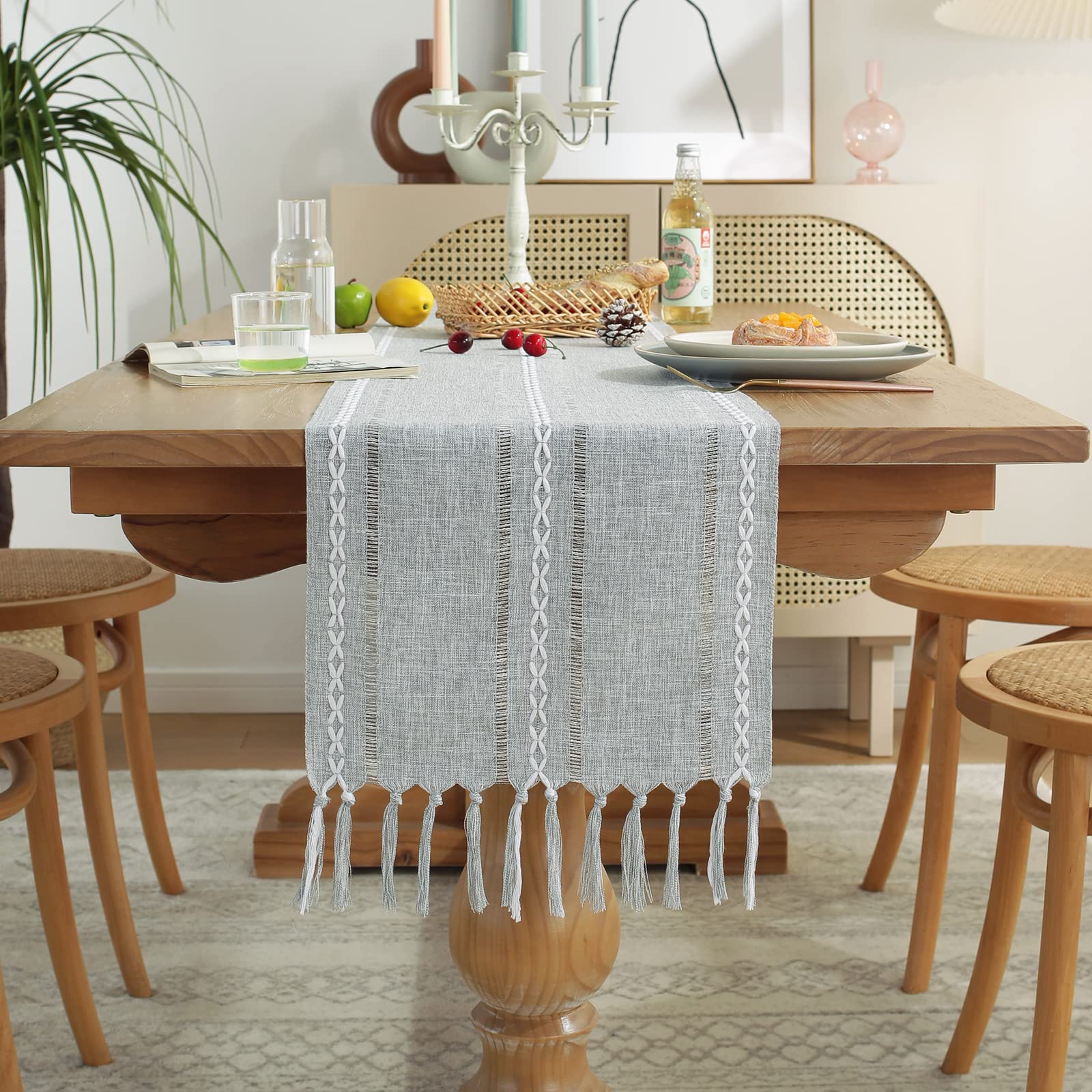 Wracra Rustic Hemstitch Linen Table Runner 90 Inches Long with Tassels - Farmhouse Style Dining Table Decor, Kitchen & Coffee Table Cover, Party & Dresser Accent - Perfect for Weddings, Holidays & Home Decor (Grey, 13×90 Inches)