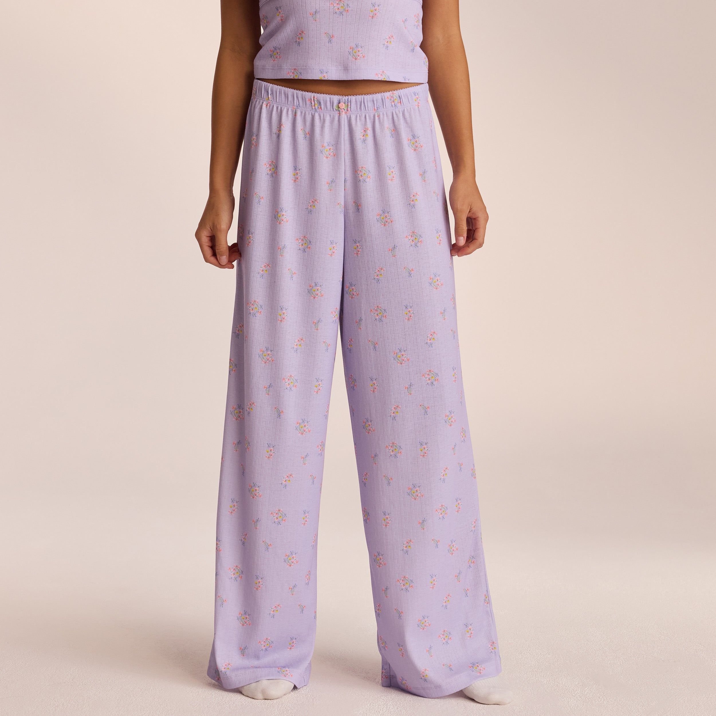 Lilac Floral Pointelle Pajama Bottoms for Women - Soft & Comfortable Sleepwear for Relaxing at Home or Lounging