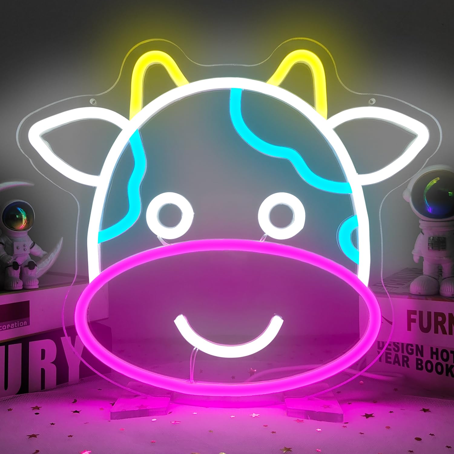 Cute Cow Neon LED Sign - Dimmable Wall Decor for Kids Room & Bedroom - USB Powered Animal Night Light Gift for Boys & Girls - Perfect for Birthday Parties, Nursery Decor, and Themed Room Lighting