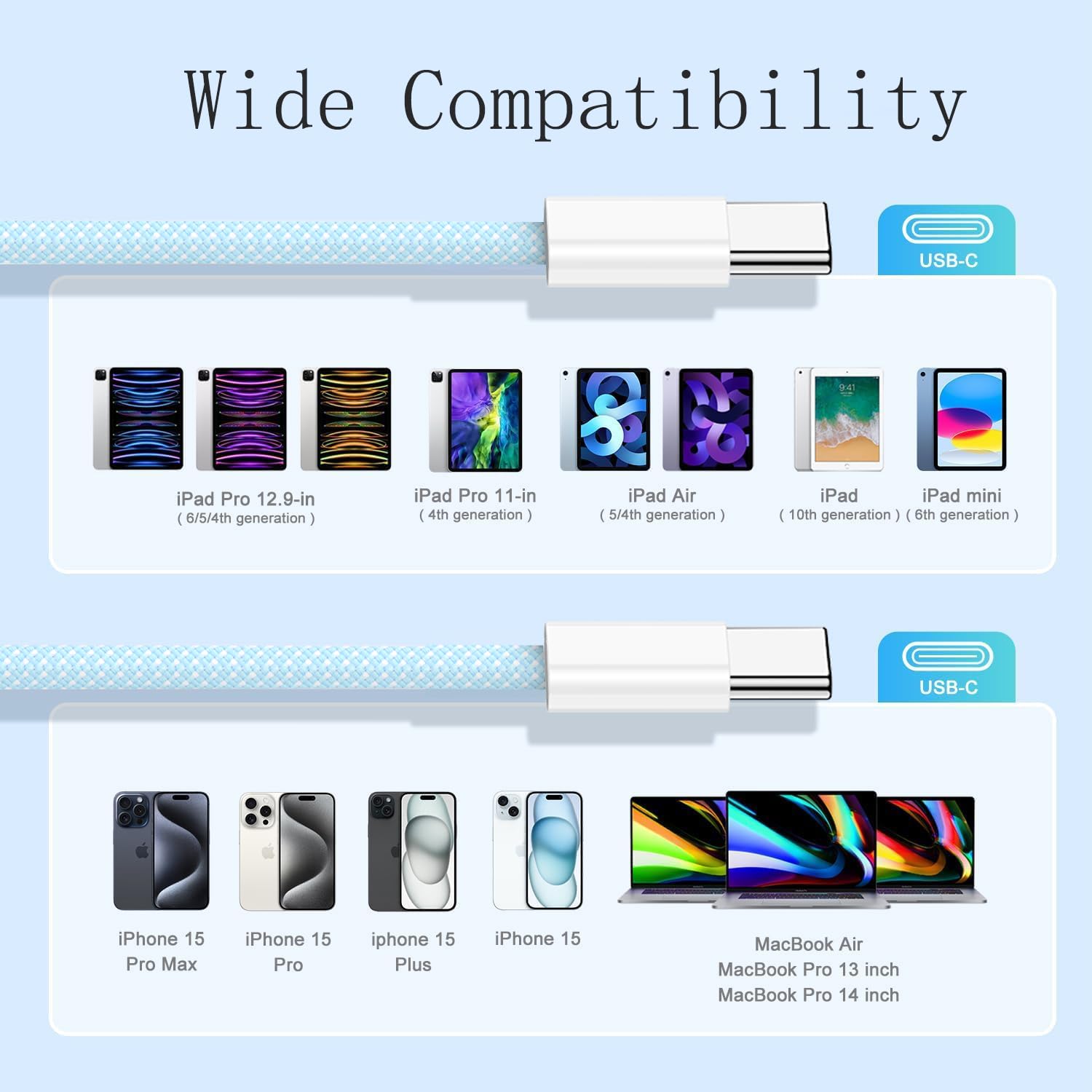 3-Pack USB C to USB C Fast Charging Cable [3.3/6/10FT] 60W Nylon Braided Type C Cable for iPhone 15/15 Pro/15 Pro Max/MacBook Air/iPad Pro/iPad Air - Perfect for Home, Office & Travel Charging