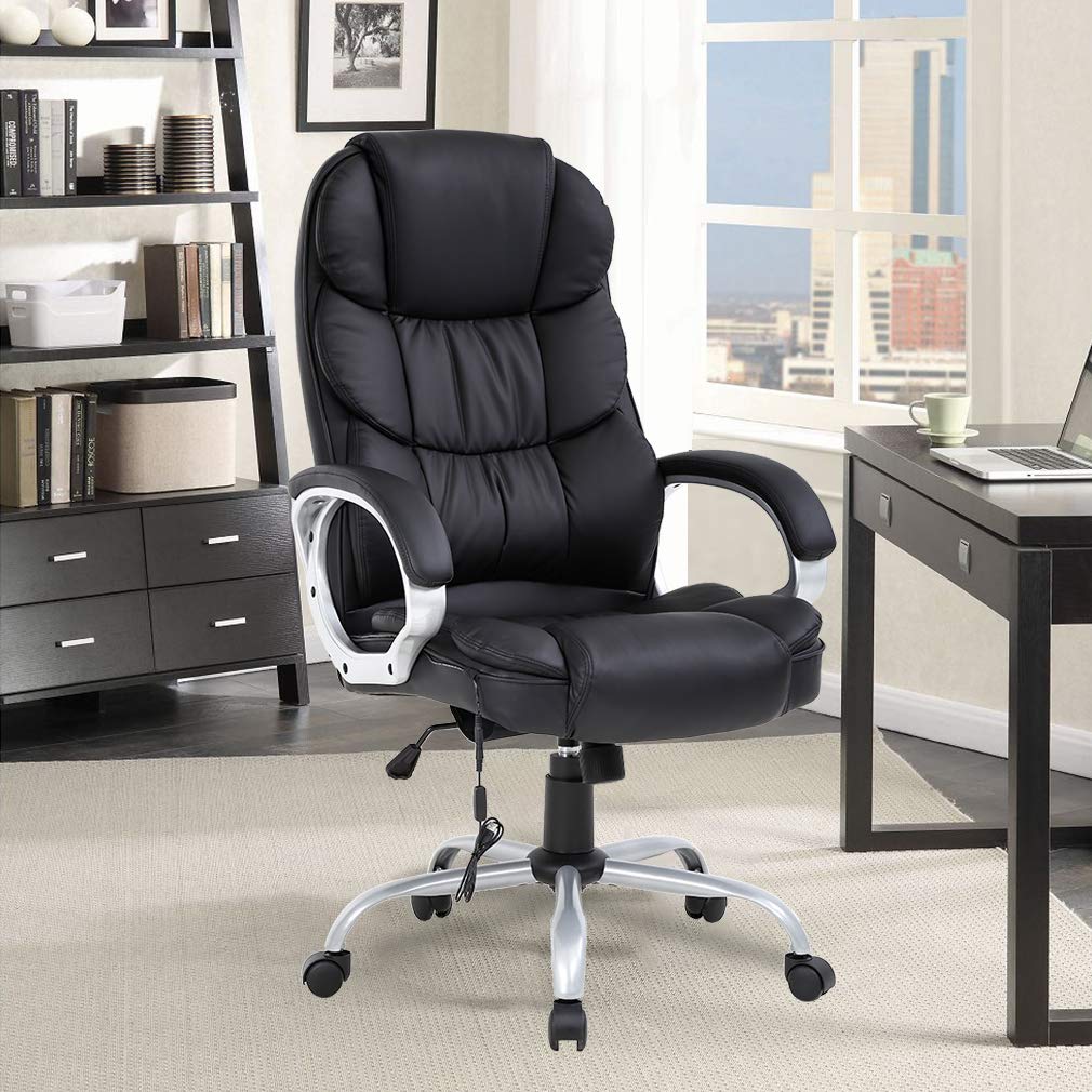 Ergonomic Office Chair with Lumbar Support & Headrest - High Back PU Leather Executive Desk Chair with Adjustable Armrests & Swivel Wheels - Comfortable Computer Task Chair for Home Office, Adults & Women - Perfect for Long Work Hours & Video Conferencing (Black)