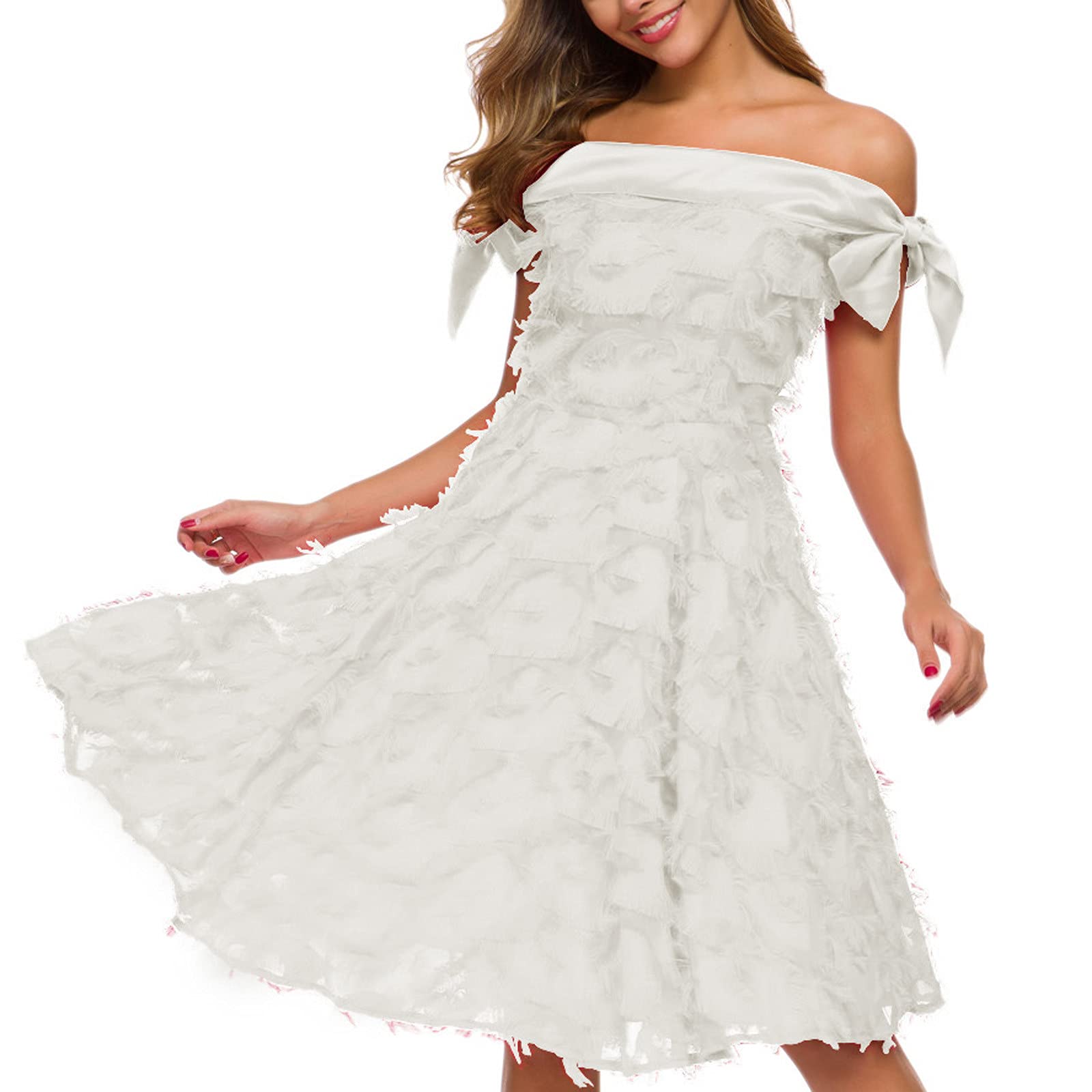 **CANDITY Women's Vintage Off-The-Shoulder Pencil Dress with Tassel - Elegant Wedding Guest & Bridesmaid Dress for Parties, Cocktails & Date Nights**