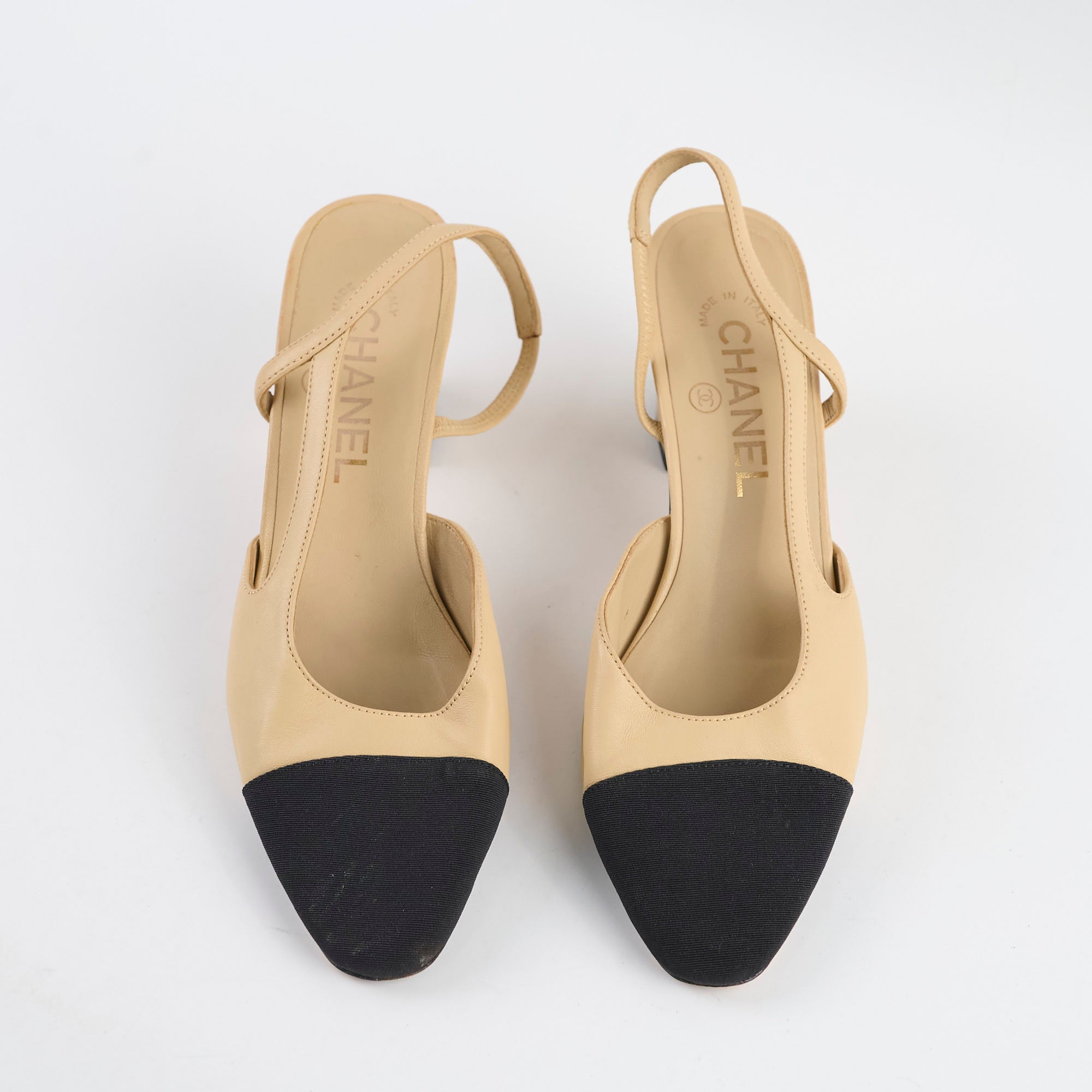 Chanel Beige & Black Two-Tone Slingback Heels Size 37 - Elegant Women's Dress Shoes for Office, Wedding & Evening Events