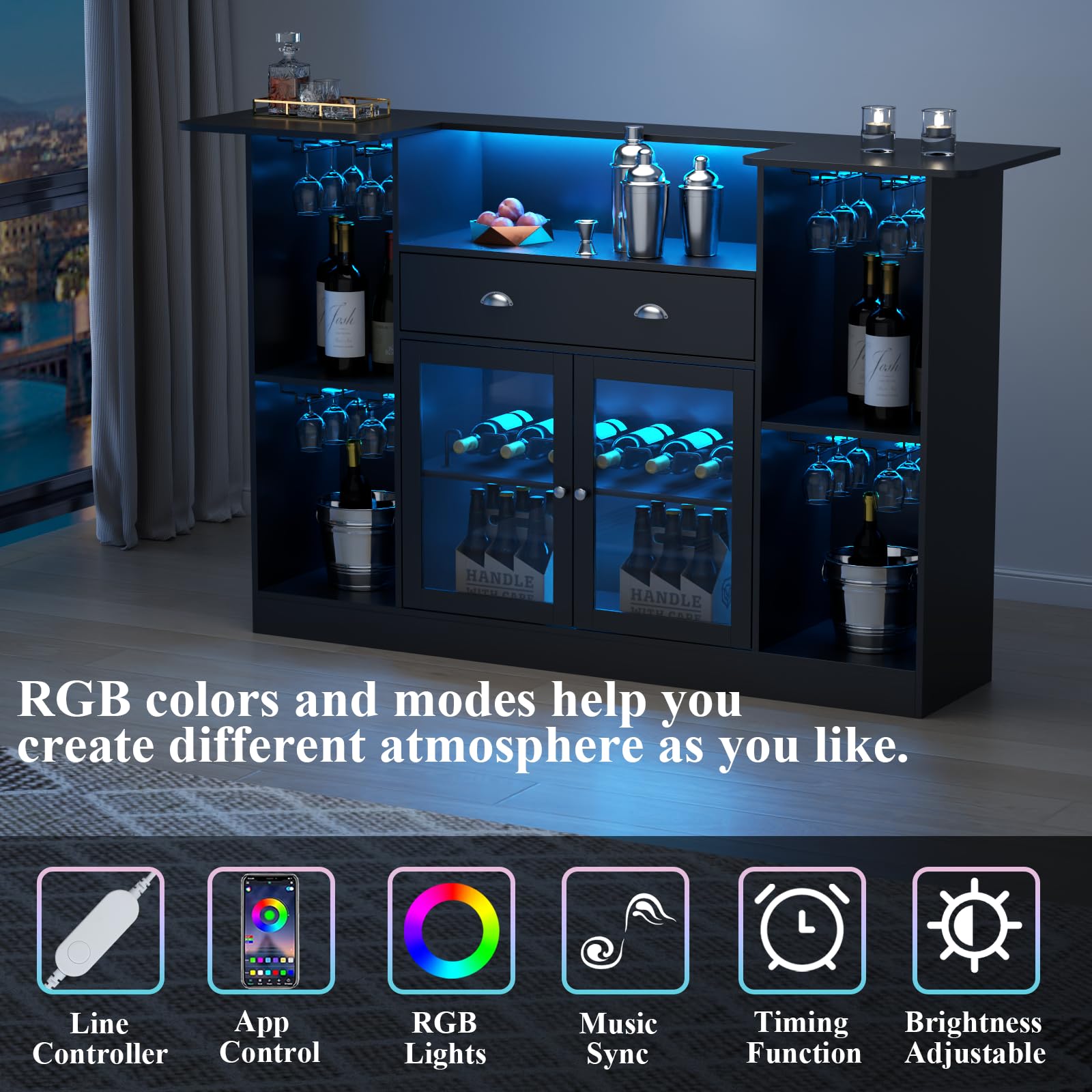 Premium Loomie LED Bar Table Cabinet with Drawer - 8-Tier Storage Mini Liquor Bar with Stemware Holder & Adjustable Wine Rack - Crescent Shaped Glass Door Counter for Home Pub, Kitchen, Living Room or Man Cave