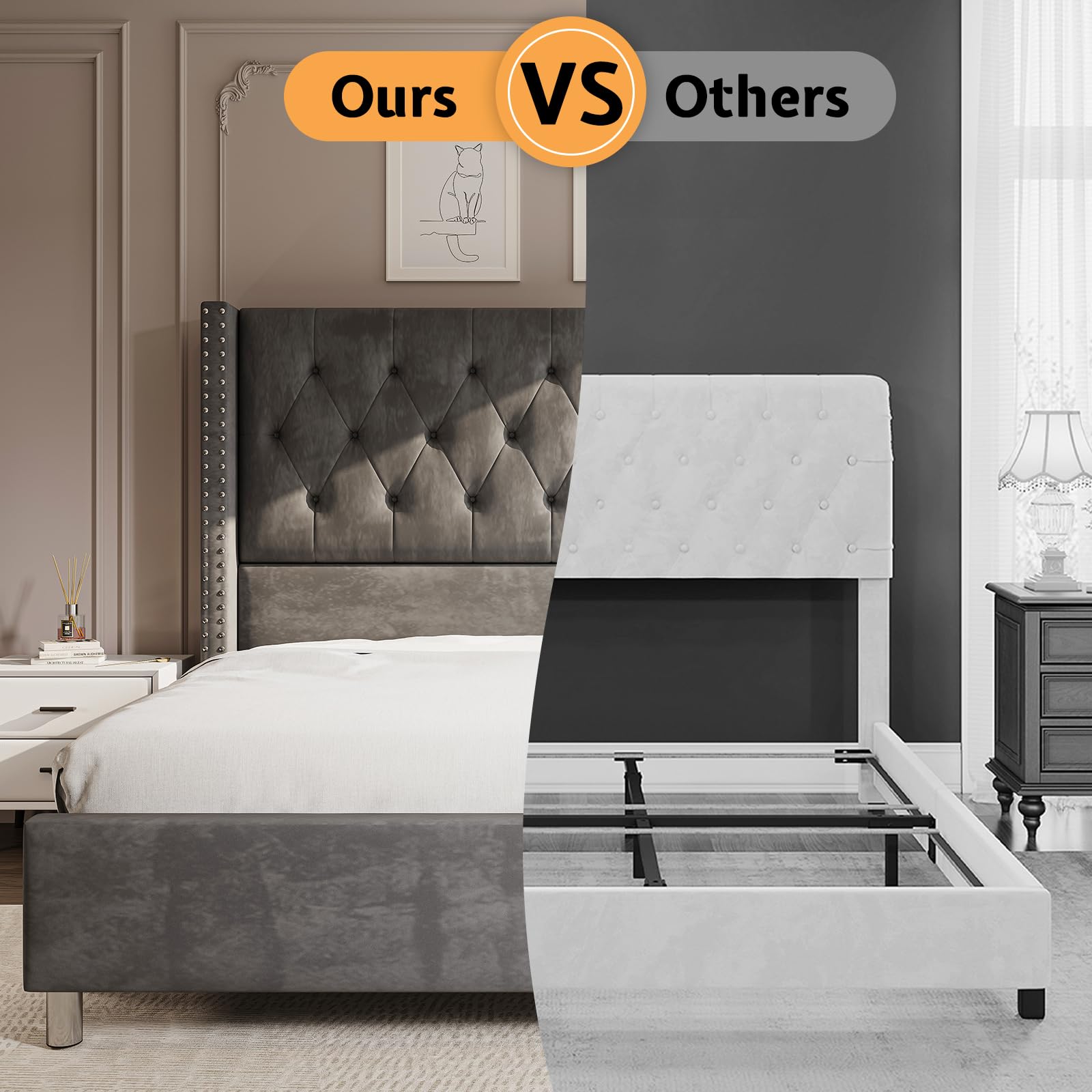 Luxury Velvet Upholstered King Size Bed Frame with Tall Wingback Headboard - Tufted Button Design, No Box Spring Needed, Easy Assembly, Grey - Perfect for Master Bedroom & Modern Home Decor