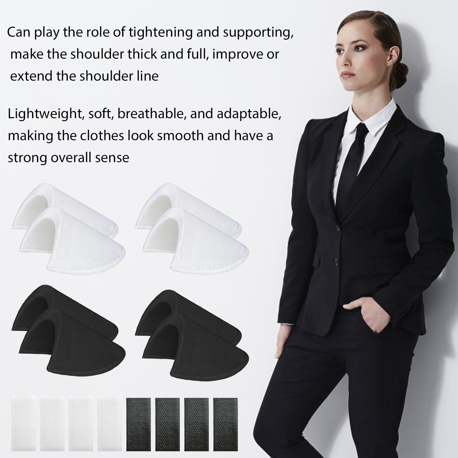 4 Pairs Self-Adhesive Shoulder Pads for Blazers - Non-Slip Sponge Shoulder Protectors with Soft Cover (Black & White) | Perfect for Suits, Dresses & Formal Wear Enhancement