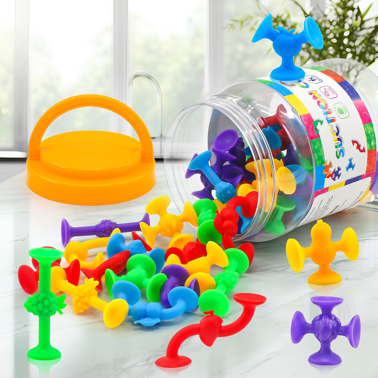 50 Pcs Silicone Fruit Sucker Toys for Kids Ages 3-6 | Fun Bath & Stress Relief Toys with Storage | Perfect for Toddler Sensory Play & Bathtime Fun
