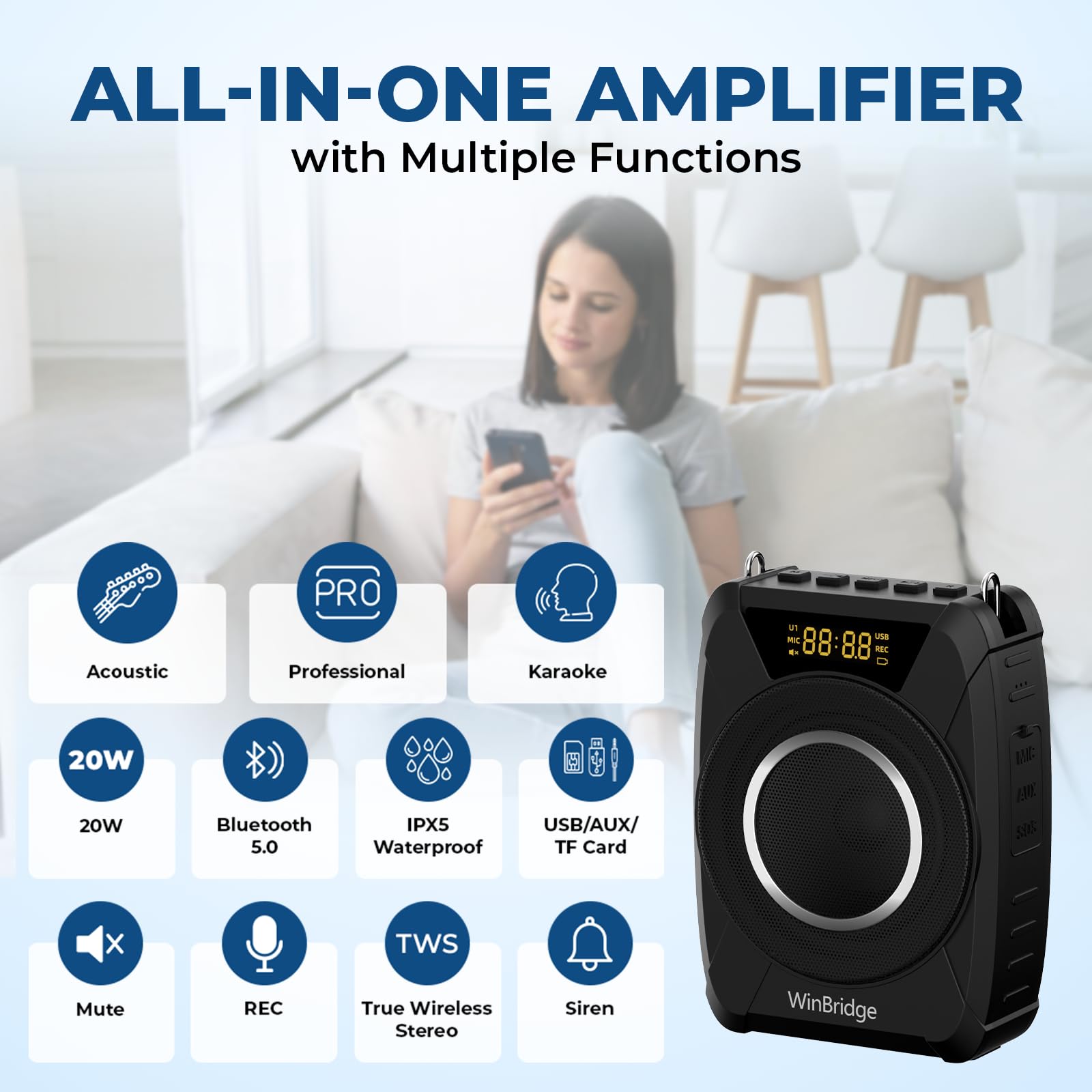 20W Wireless Bluetooth Voice Amplifier with Microphone - Portable Waterproof Speaker System for Teachers, Public Speaking, Classroom & Outdoor Use - Personal Headset & Rechargeable Loudspeaker M801 - Perfect for Lectures, Presentations, Training & Events