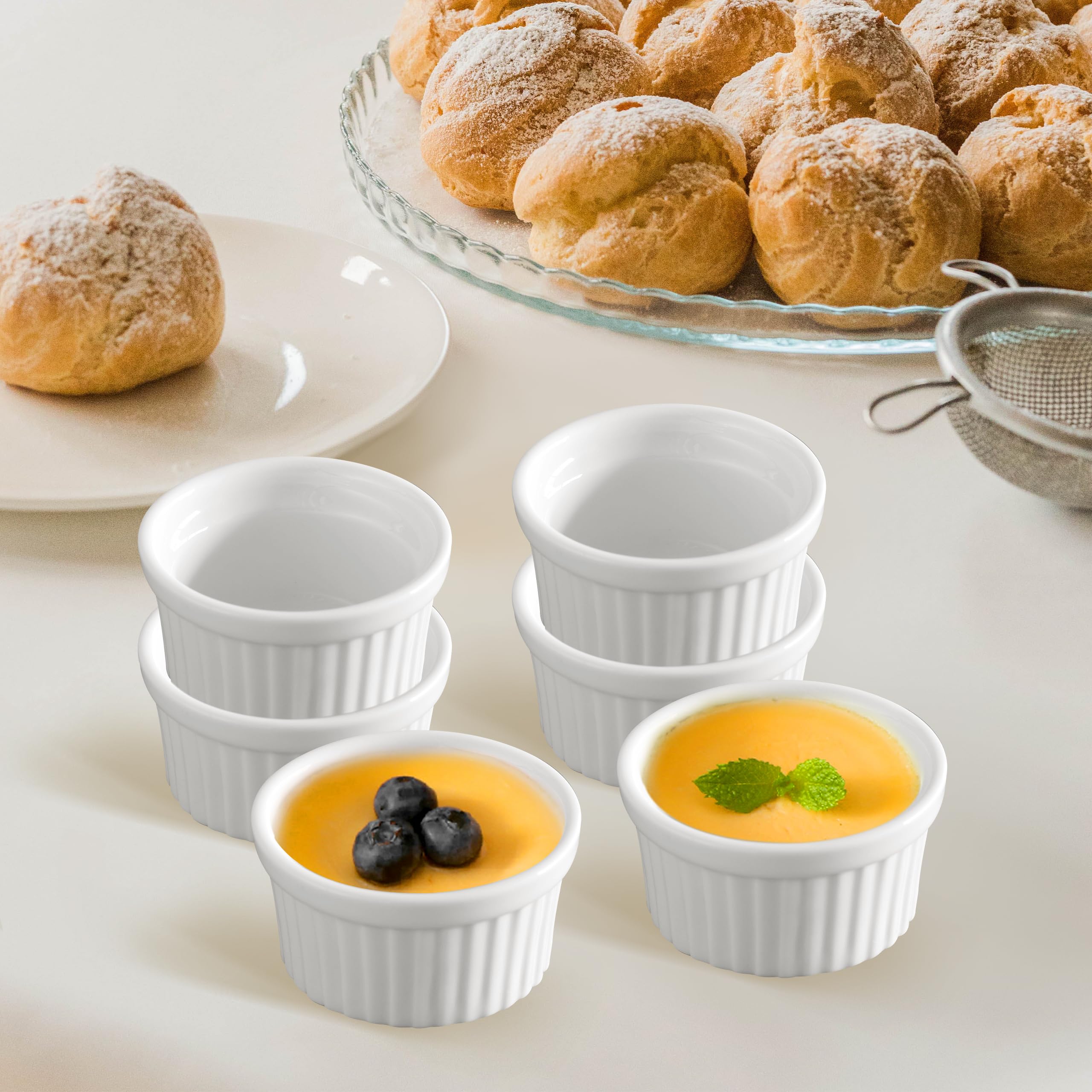 1.5 oz Ramekins Set of 6 - Oven Safe Pudding Cups, Souffle Dishes & Creme Brulee Bowls for Baking, Desserts & Dipping Sauces | Microwave, Freezer & Dishwasher Safe | Perfect for Home Baking, Party Serving & Meal Prep