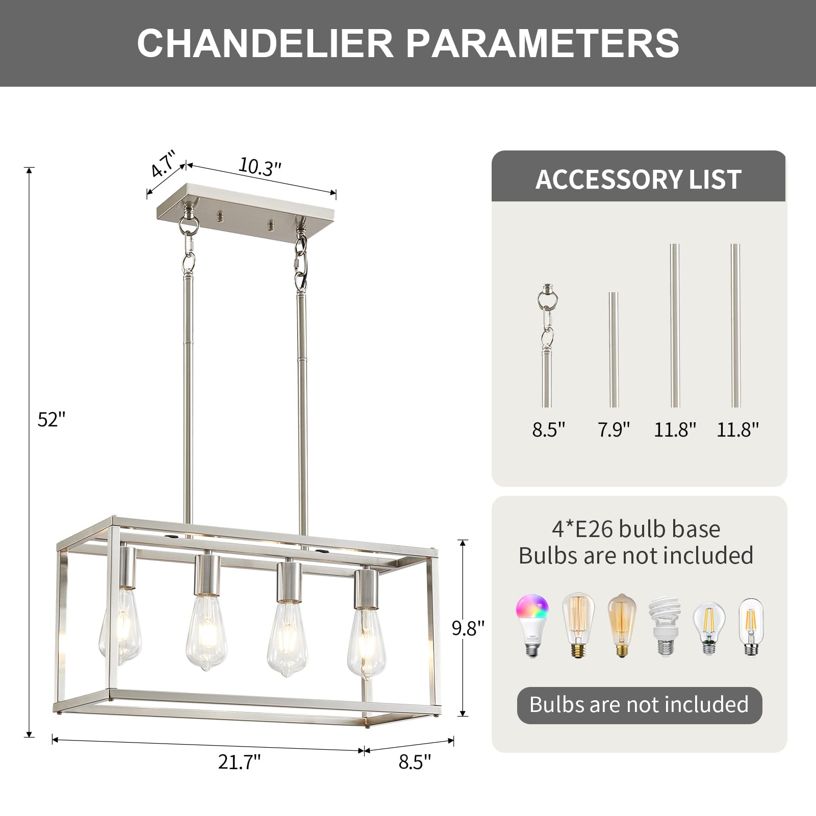 4-Light Farmhouse Chandelier Brushed Nickel - Modern Rectangular Dining Room & Kitchen Island Pendant Light Fixture with Adjustable Height, E26 Base - Perfect for Farmhouse, Rustic, and Contemporary Home Decor