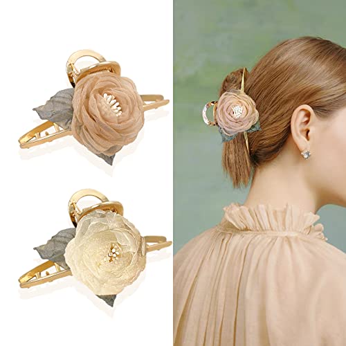 Fuyunohi 2 Pack Gold Metal Hair Clips for Women - Large Flower Claw Barrettes for Thick Hair (Mesh Rose) | Elegant Hair Accessories for Weddings, Parties & Everyday Styling