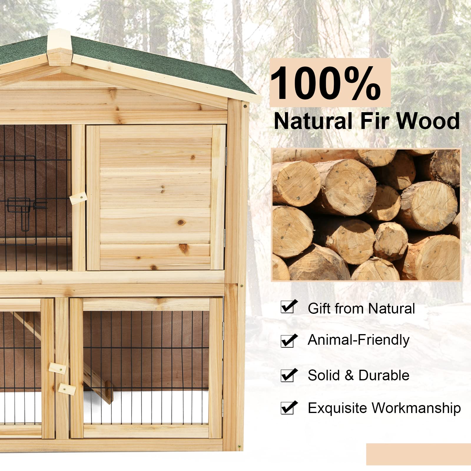 GRAFFY 2-Story Wooden Rabbit Hutch - Large Bunny Cage Mansion for Indoor & Outdoor Use with 4 Lockable Doors, Waterproof Roof & Ramp - Perfect for Rabbits, Chickens & Small Pets (40