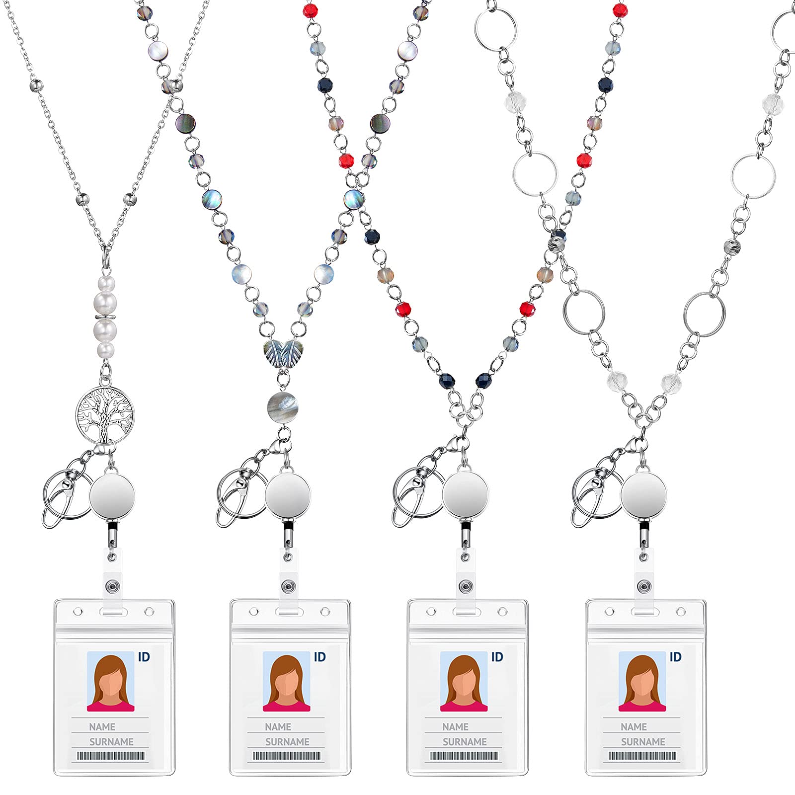Pangda 4-Pack Beaded ID Necklace Set - Retractable Lanyards for Women - Office & School Use