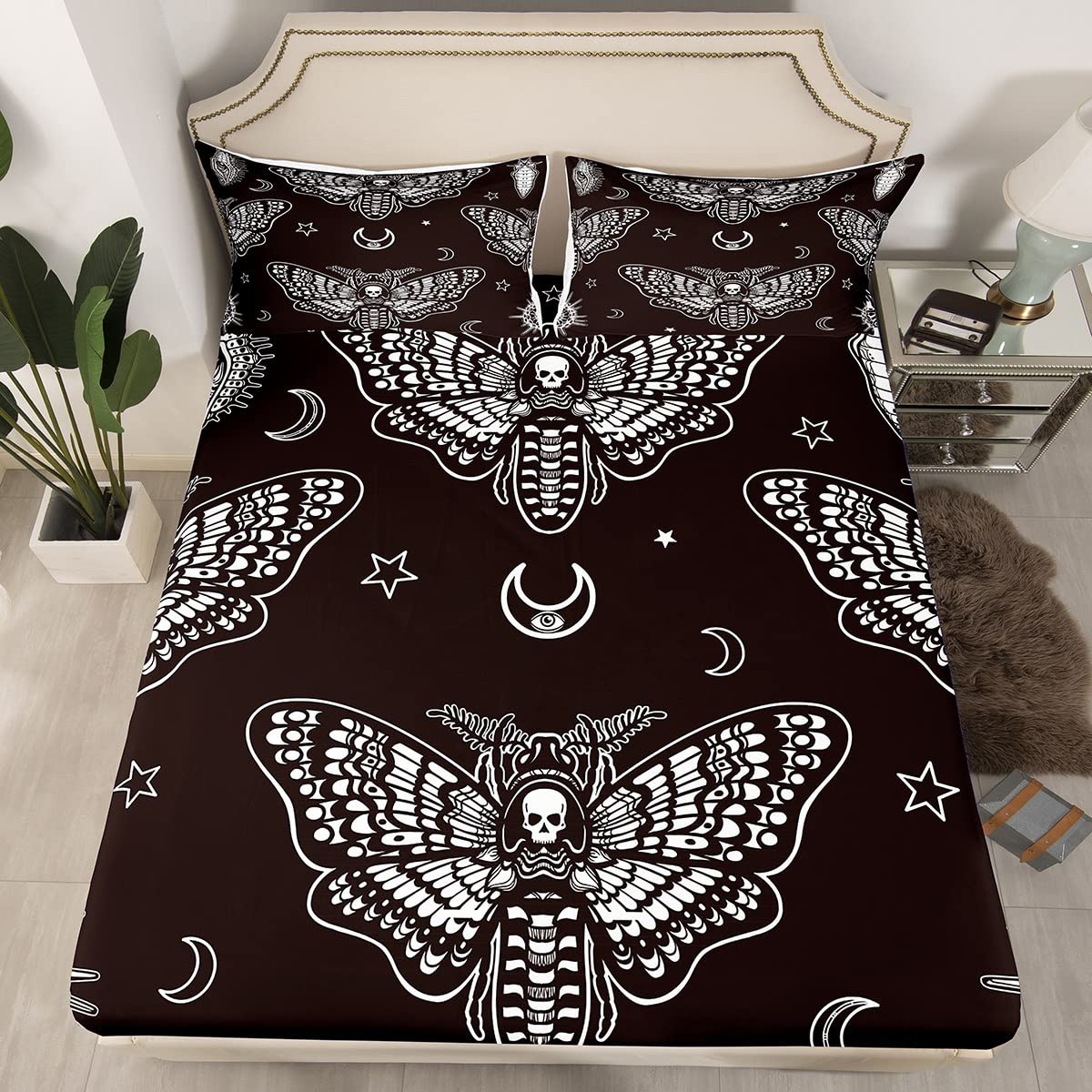Gothic Skull Fitted Sheet Set with Death Moth & Floral Print - TwinXL Microfiber Bedding (1 Fitted Sheet + 1 Pillowcase) for Kids Room, Teen Gothic Decor & Halloween Themed Bedroom