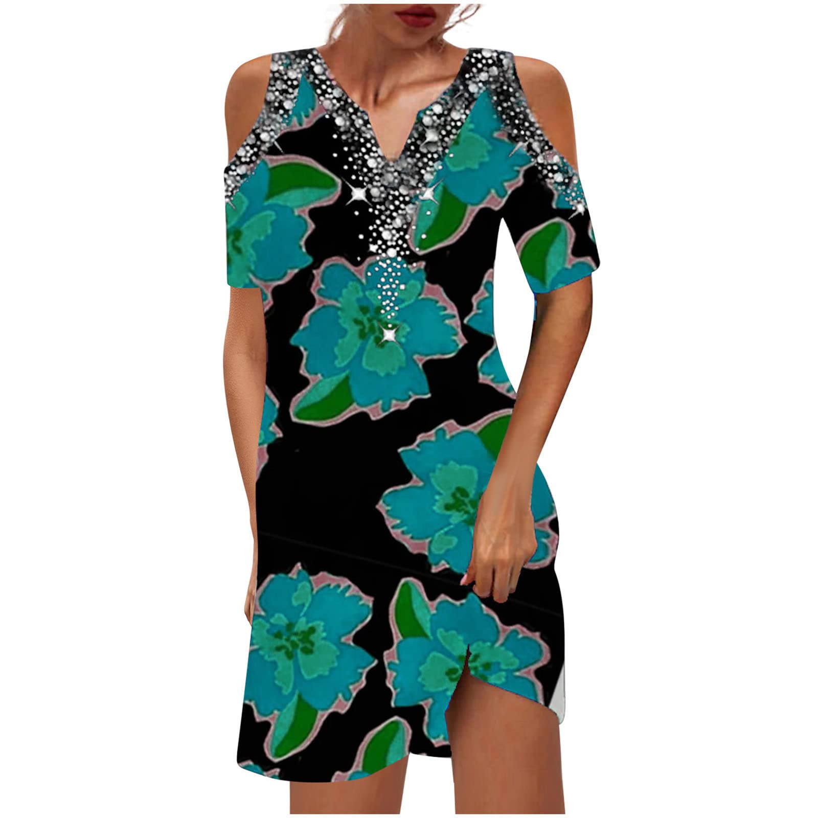 Sexy V-Neck Floral Print Hollow Out Mini Dress for Women - Summer Casual Short Sleeve Party Dress - Perfect for Beach Vacations, Date Nights & Club Outings