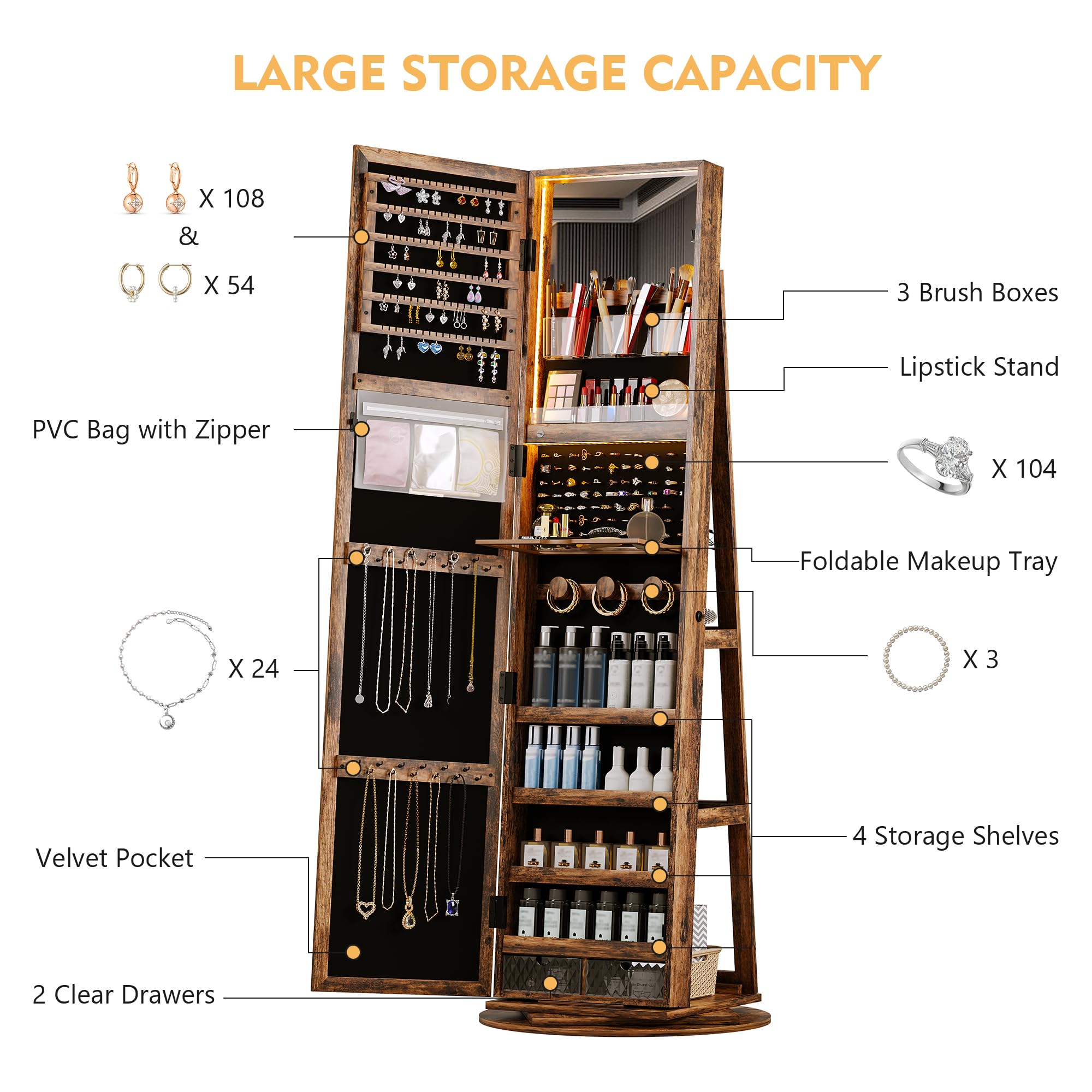 Lvifur 360° Swivel Jewelry Cabinet with 3 Color Dimmable LED Lights, Full Length Mirror & Jewelry Storage Organizer, Standing Jewelry Armoire with Rear Shelves - Perfect for Bedroom, Closet & Dressing Room (Brown)