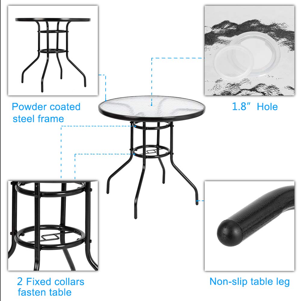 GT2-ZJ 36 Inch Round Outdoor Bistro Table with Tempered Glass Top & Umbrella Hole - Steel Frame Patio Furniture Set for Garden, Backyard, Balcony, Lawn - Perfect for Outdoor Dining, Coffee Parties & Relaxing Conversations