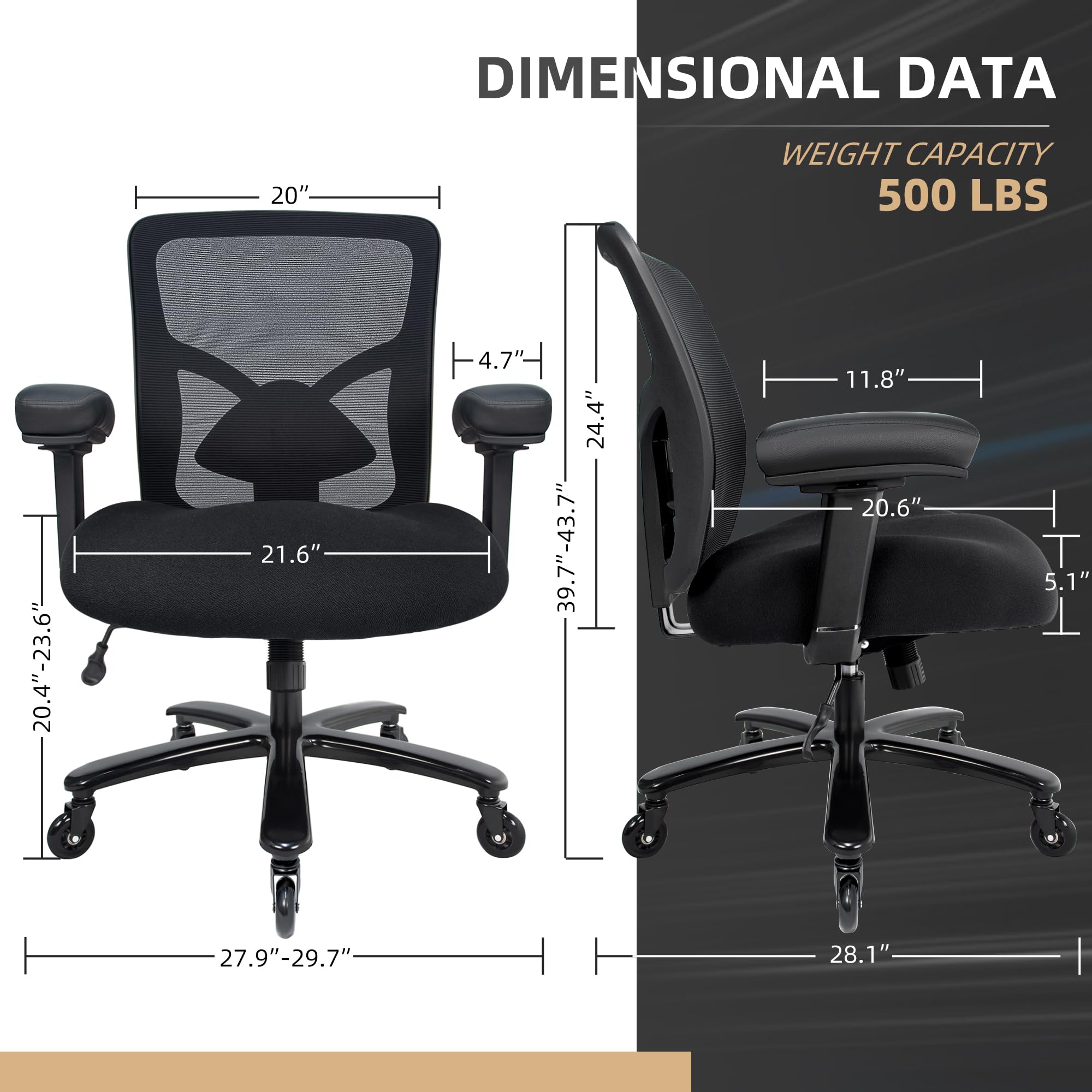 Big and Tall Office Chair 500lbs - Heavy Duty Ergonomic Mesh Computer Chair with Wide Seat Cushion, Adjustable Lumbar Support & 4D Armrests - Black for Home Office, Gaming, and Workspace Comfort