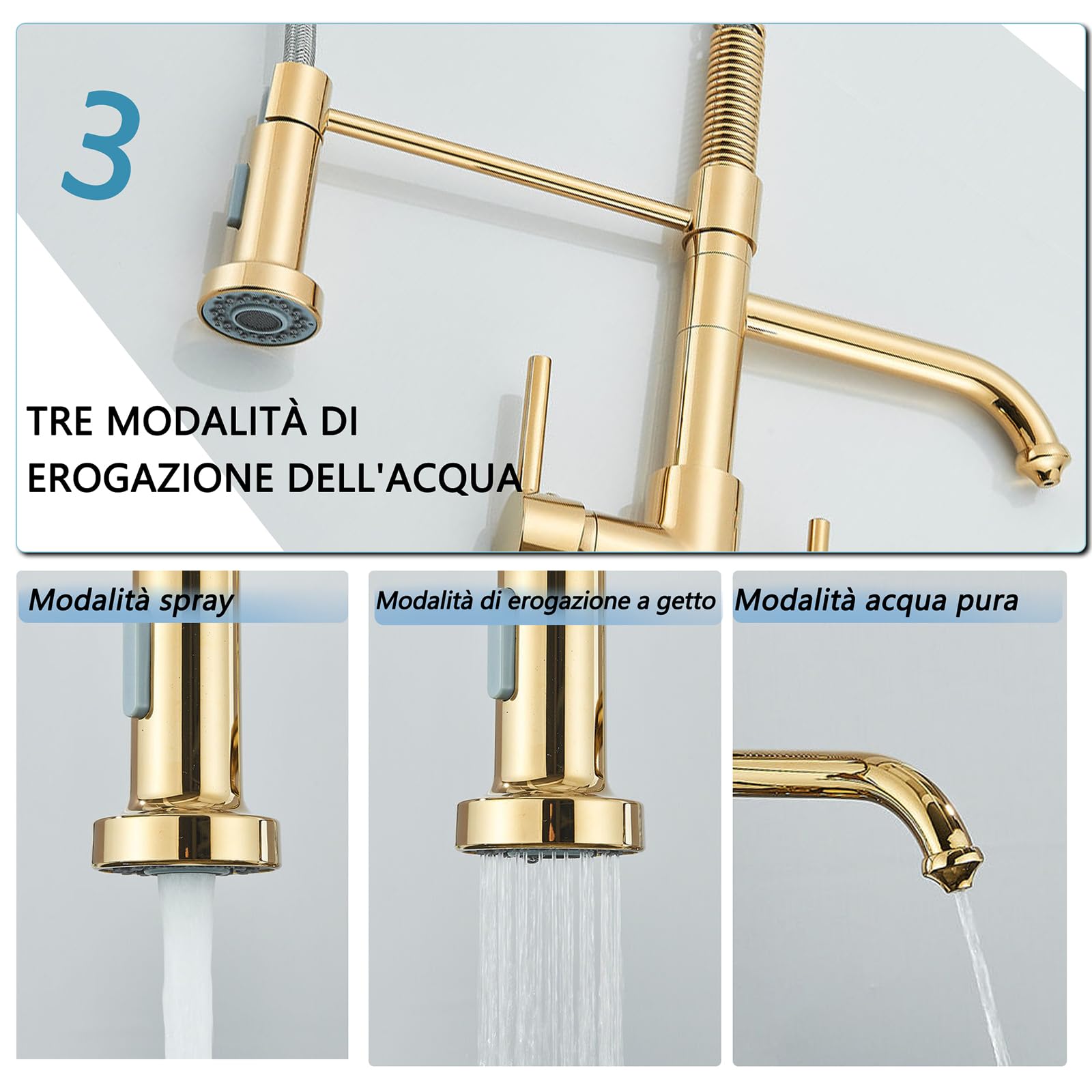 TVTIUO 3-Way Kitchen Faucet with Water Filter, Pull-Out Shower, 360° Swivel Spout, Brass Finish in Gold - Ideal for Modern Kitchens and Home Renovations