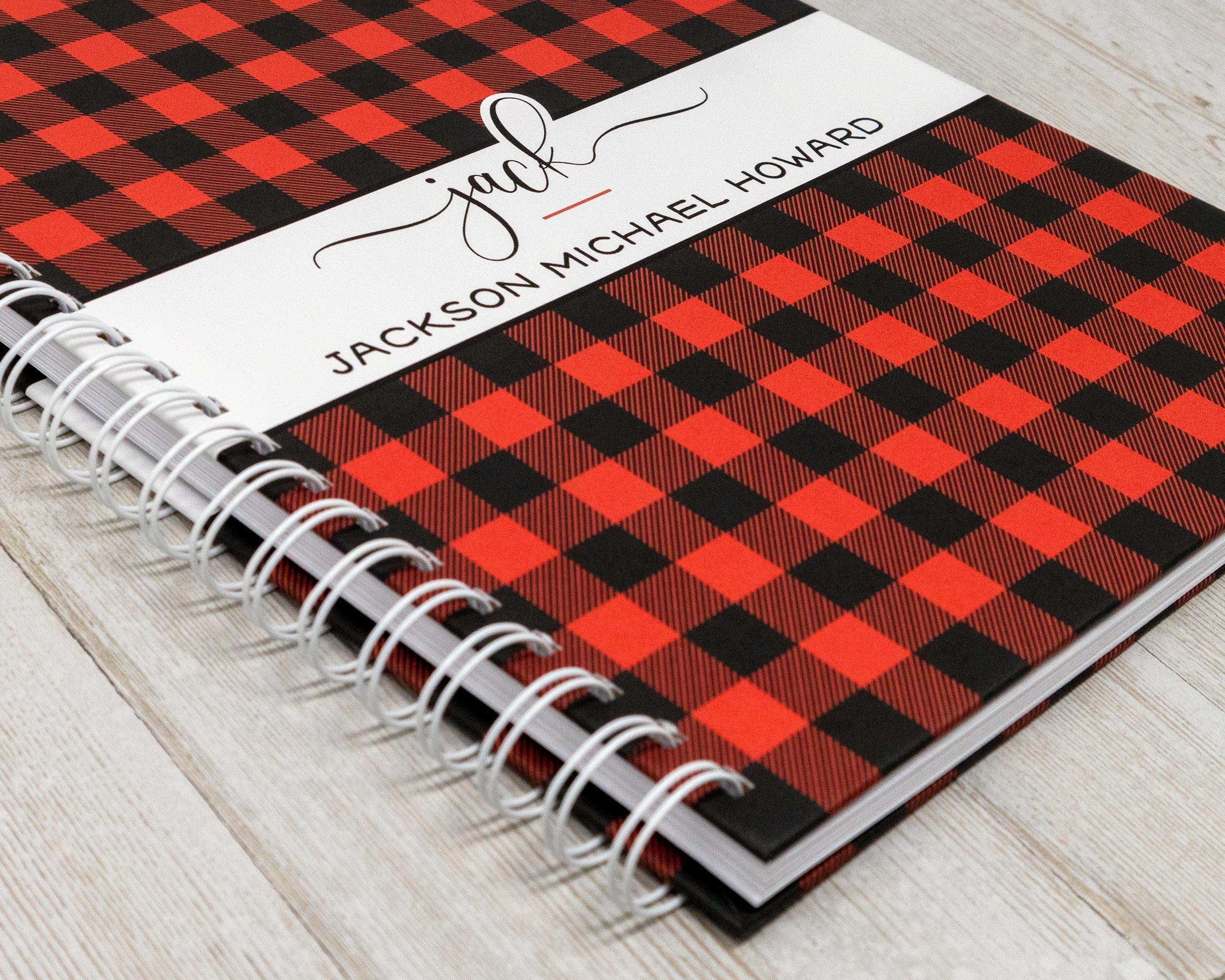 Personalized Buffalo Plaid Baby Memory Book - Hard Cover First Year Album with Baby’s Name - Red Plaid Boy Baby Journal for Newborn Keepsakes & Milestone Tracking (Perfect Baby Shower Gift & Nursery Decor)