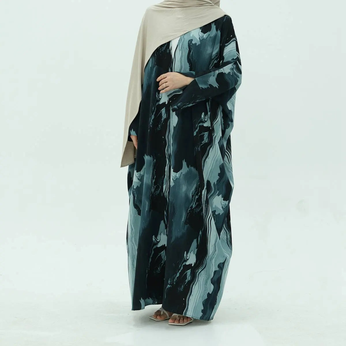 Urgarment Women's Printed Chiffon Open Front Cardigan Abaya Dress #25982 - Perfect for Prayer, Modest Fashion & Special Occasions