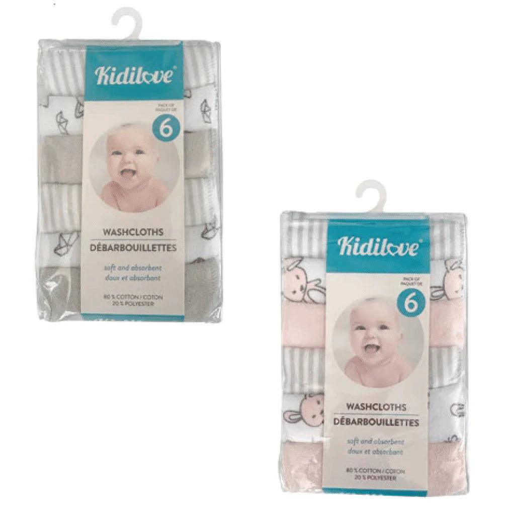Kidilove Soft Baby Washcloths - 6 Pack for Newborns & Toddlers - Gentle Bath & Face Cleaning for Sensitive Skin