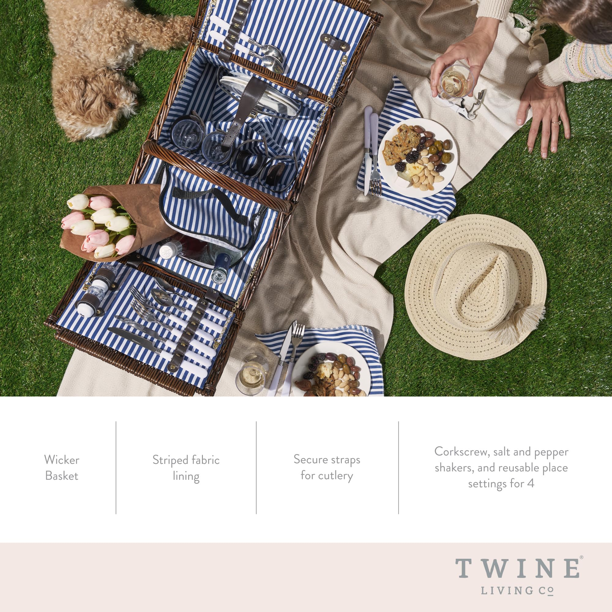 Twine Cape Cod Wicker Picnic Basket Set for 4 with Insulated Compartments - Includes Silverware, Plates, Napkins, Wine Glasses & Accessories | Perfect for Outdoor Dining, Beach Picnics, Camping & Garden Parties