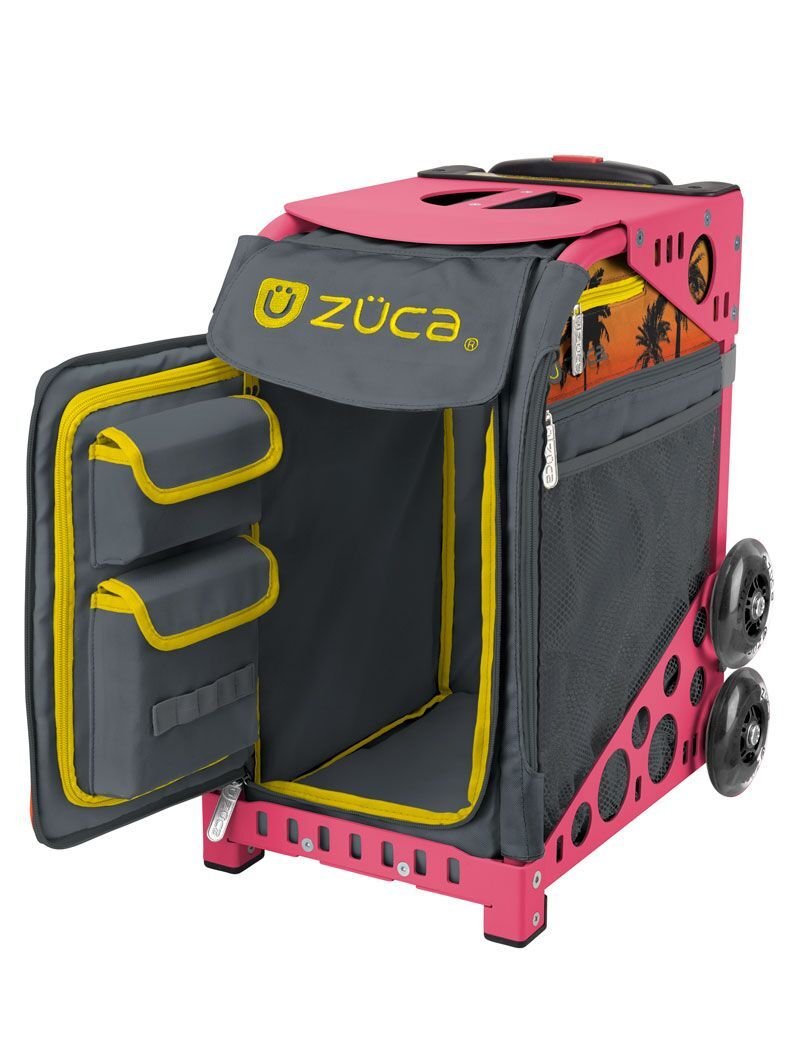 Zuca Palm Island Tropical Sunset Sport Bag with Pink Frame & LED Flashing Wheels - Durable Gym Bag for Women, Travel Duffel & Dance Competition Backpack - Perfect for Sports, Fitness & Beach Vacations