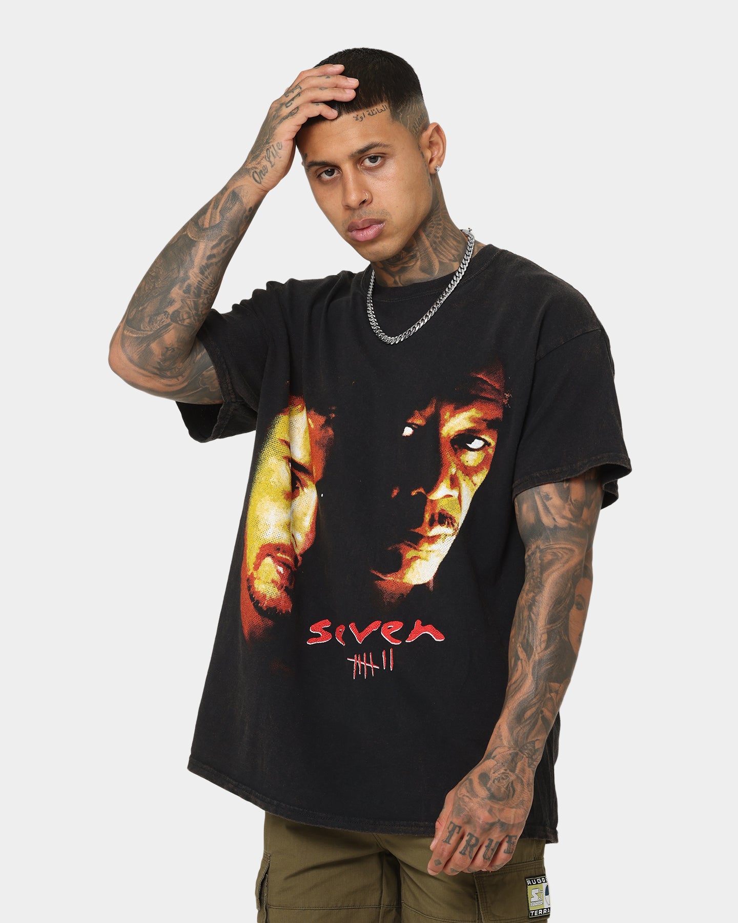 Vintage Seven Seven Graphic T-Shirt - Black Wash Distressed Cotton Tee for Men & Women | Retro Streetwear, Casual Outfit, Unisex Fashion