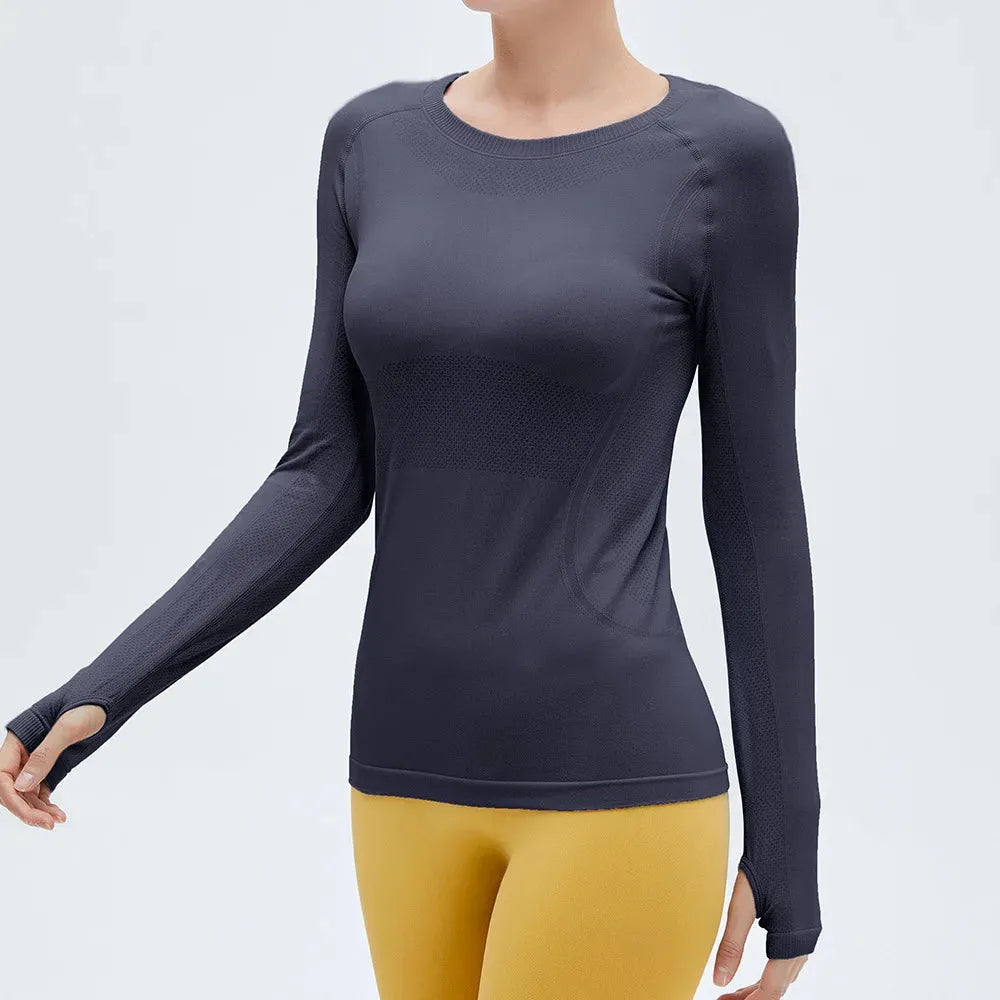 Solid Color Women's Long Sleeve Yoga Shirt - Breathable Fitness Top with Round Neck & Thumb Holes for Yoga, Gym & Workouts | Slim Fit Athletic Wear for Women