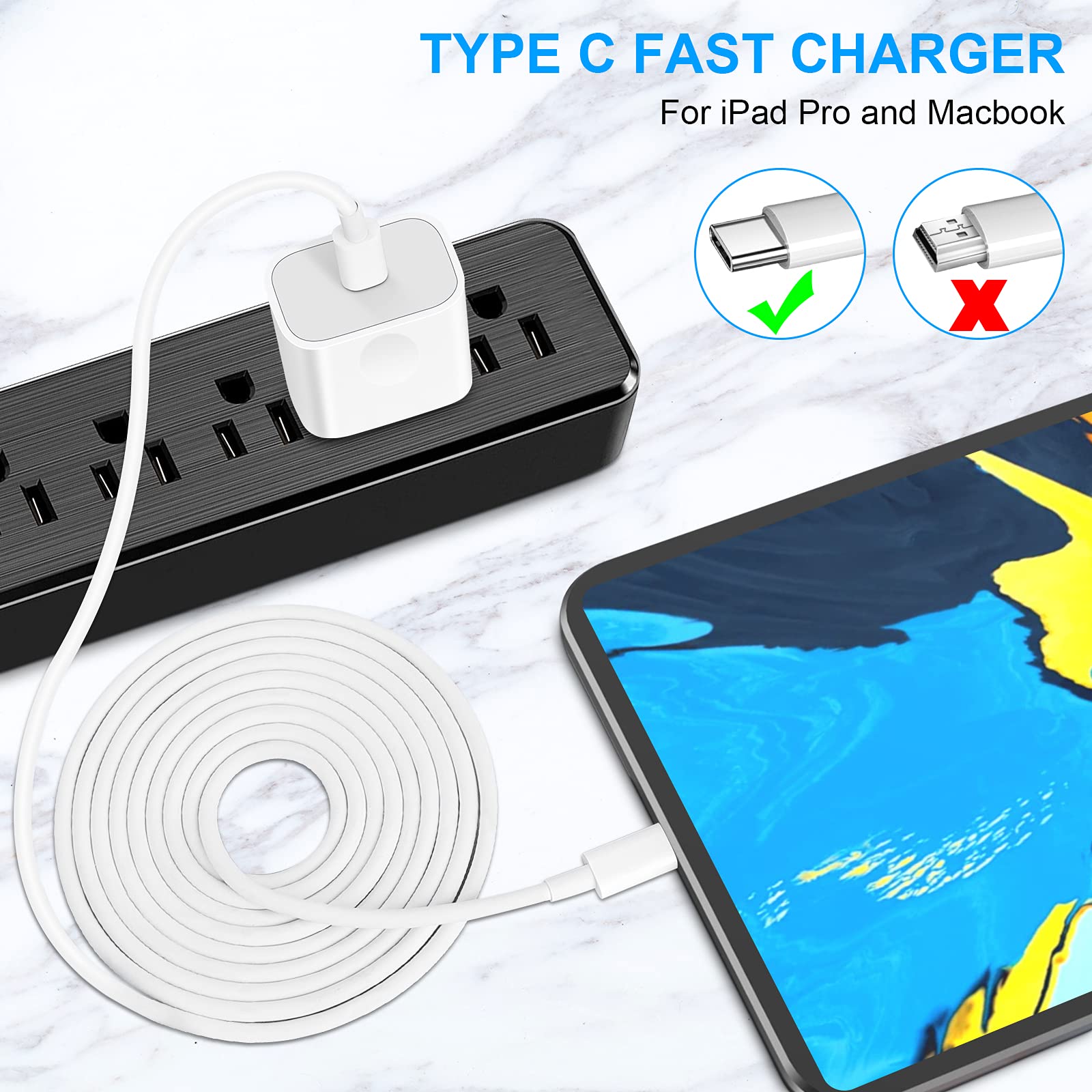 Fast Charging USB C iPad Charger - Compatible with iPhone 16/15, iPad Pro 12.9/11, iPad Air 5th/4th Gen, iPad 10th Gen (2022), iPad Mini 6, Pixel 5/2X/3XL | Includes 6.6ft USB C to C Cable | Perfect for Home, Office & Travel Charging
