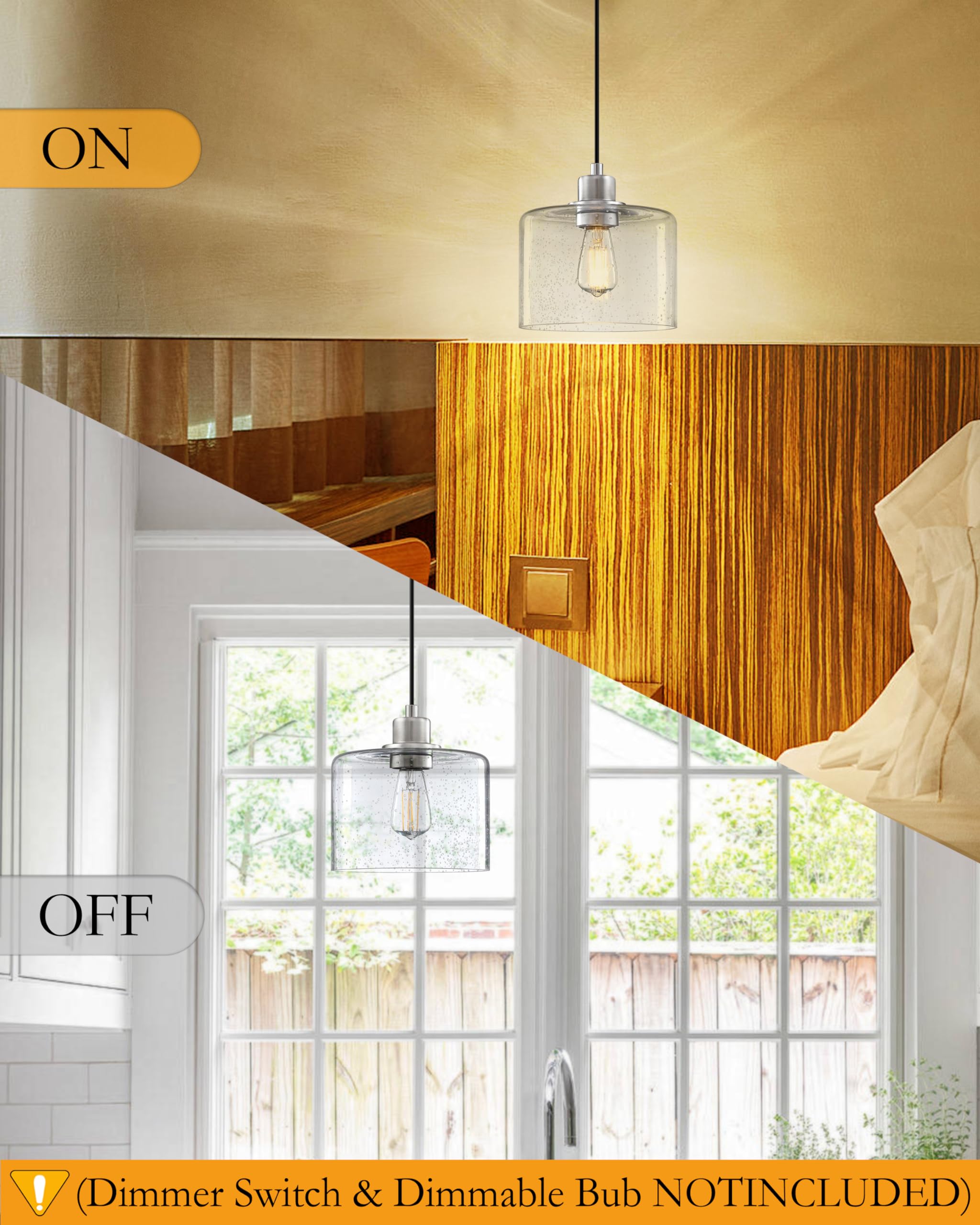 2 Pack Modern Kitchen Island Pendant Lights - 7.3 Inch Seeded Clear Glass with Brushed Nickel Finish - Farmhouse Hanging Light Fixture for Kitchen, Dining Room, Bedroom & Living Room - Perfect for Kitchen Islands, Breakfast Bars, and Home Decor Lighting