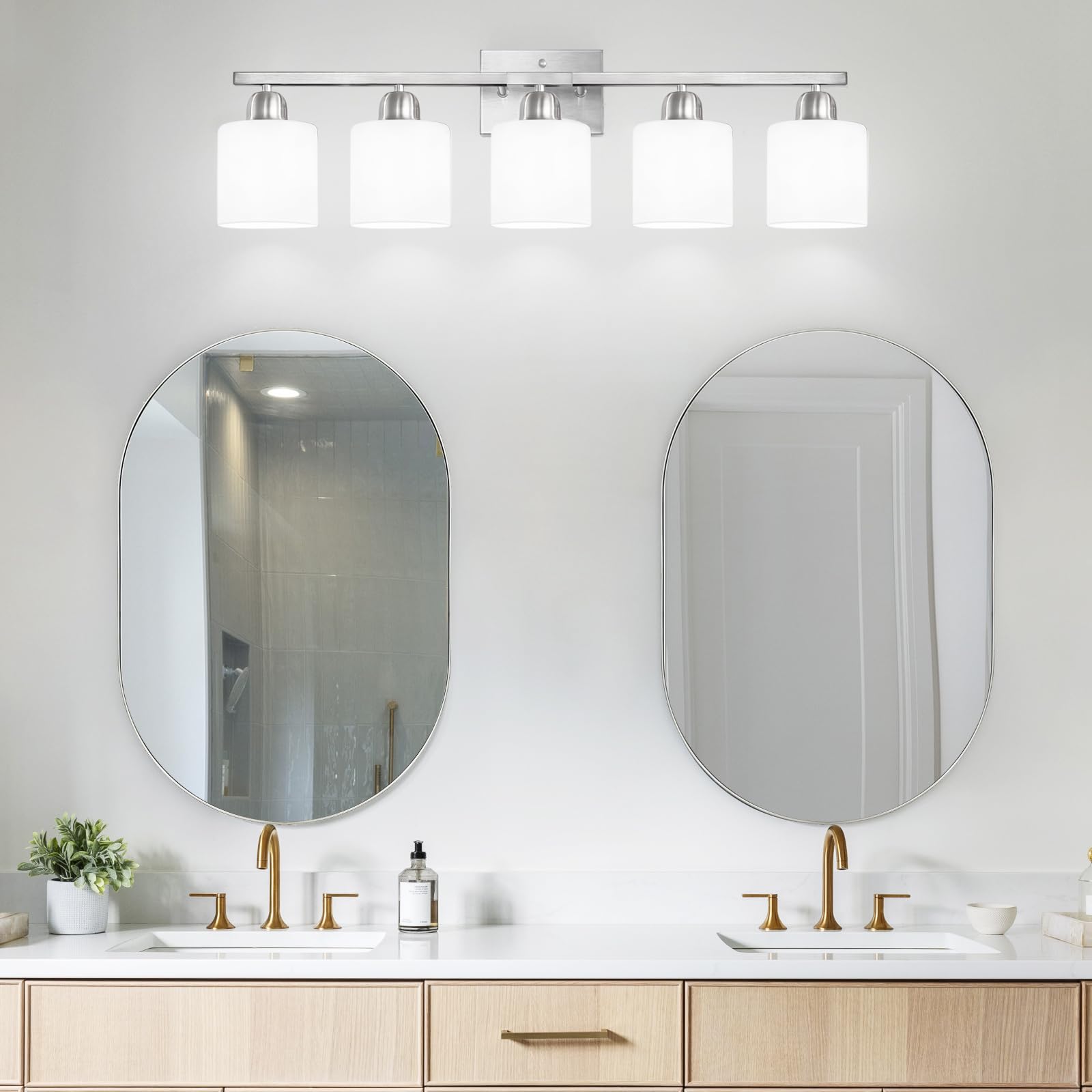 5-Light Bathroom Vanity Light Fixture Brushed Nickel with Milky White Frosted Glass Shade, E26 Base - Perfect for Bathroom Mirror, Bedroom, Living Room & Dressing Area Lighting