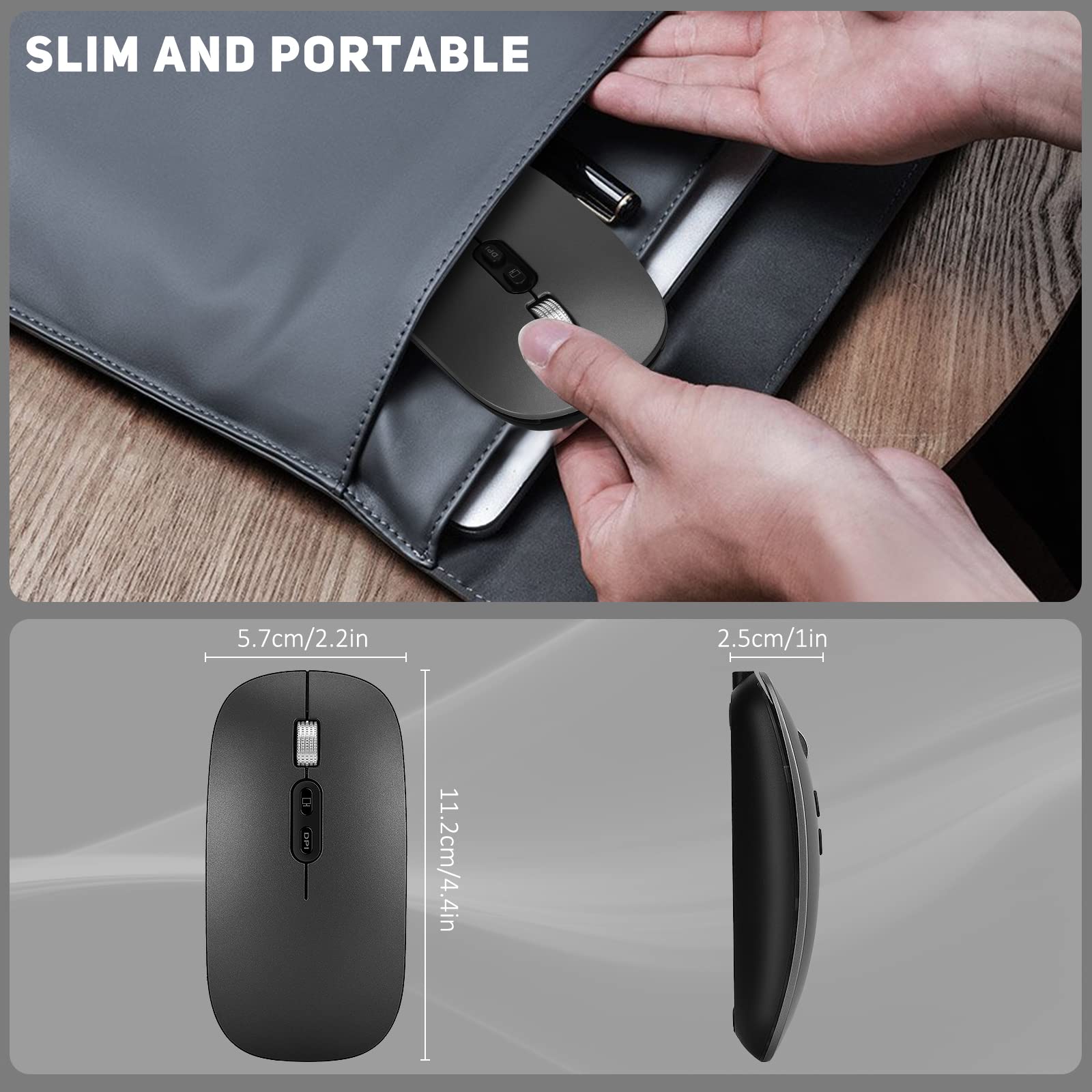 Rechargeable Wireless LED Mouse - Slim Silent 2.4G Optical Mouse with Adjustable DPI for Laptop, PC, Desktop Computer | Portable Ergonomic Design for Office, Gaming & Travel (Grey)