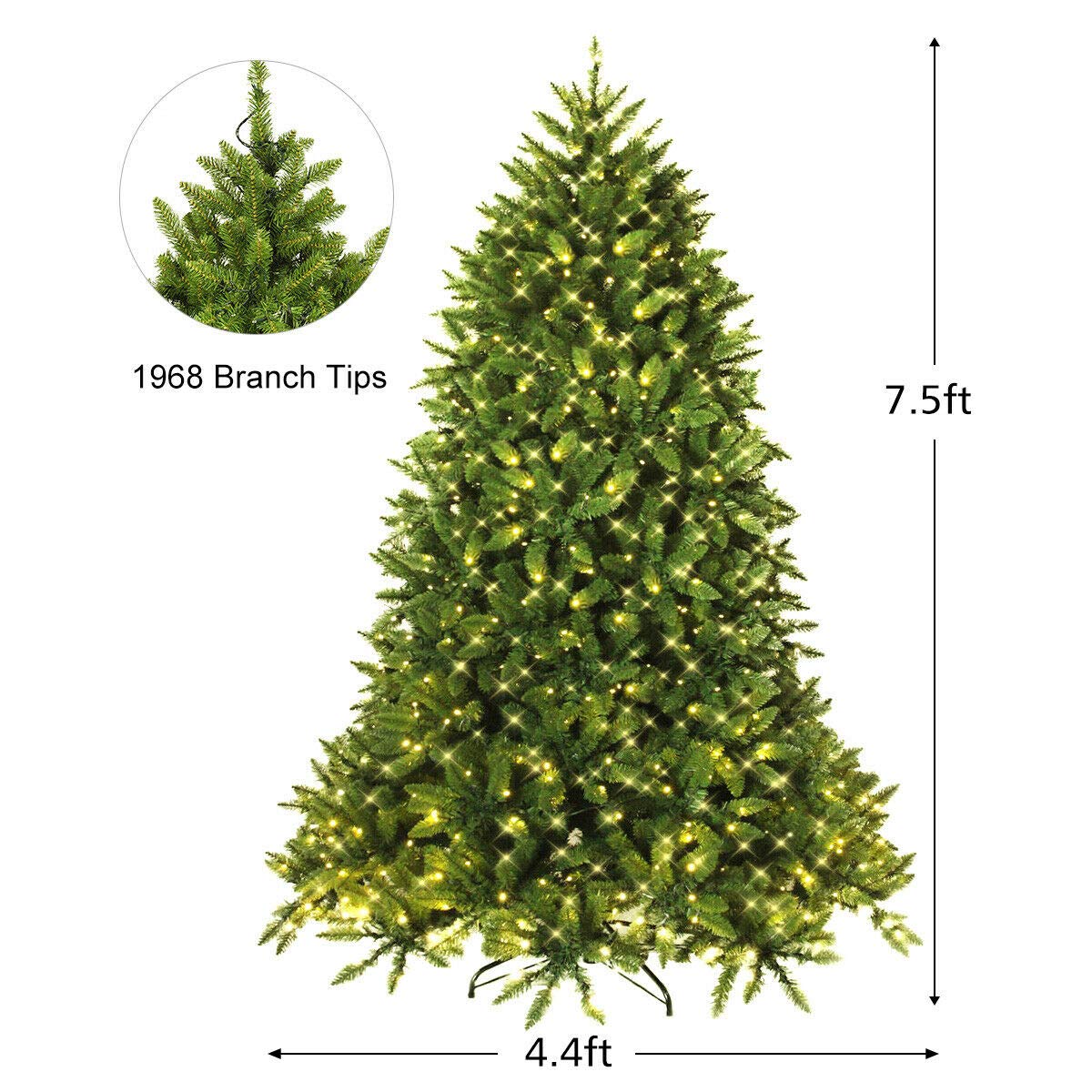 Goplus 7.5ft Pre-Lit Christmas Tree with 600 LED Lights - Premium Hinged Artificial Fir Tree with Metal Stand - Easy Assembly Holiday Decor for Home, Office & Party Decorations