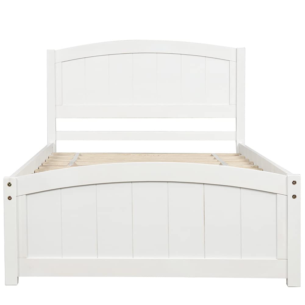 Twin Size Wood Platform Bed Frame with Headboard & Footboard - Sturdy Wood Slat Support, White - Perfect for Kids' Rooms, Guest Bedrooms & Small Spaces