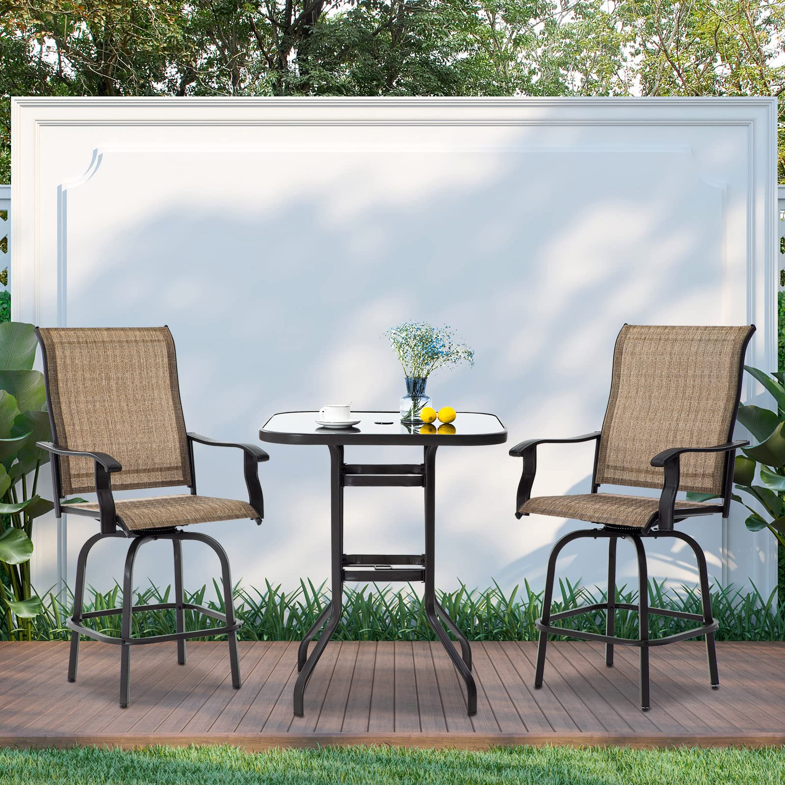 VONZOY 3-Piece Outdoor Patio Swivel Bar Set with Textilene Chairs - 2 High Bistro Stools & 1 Square Bar Table for Backyard, Deck, or Poolside Relaxation