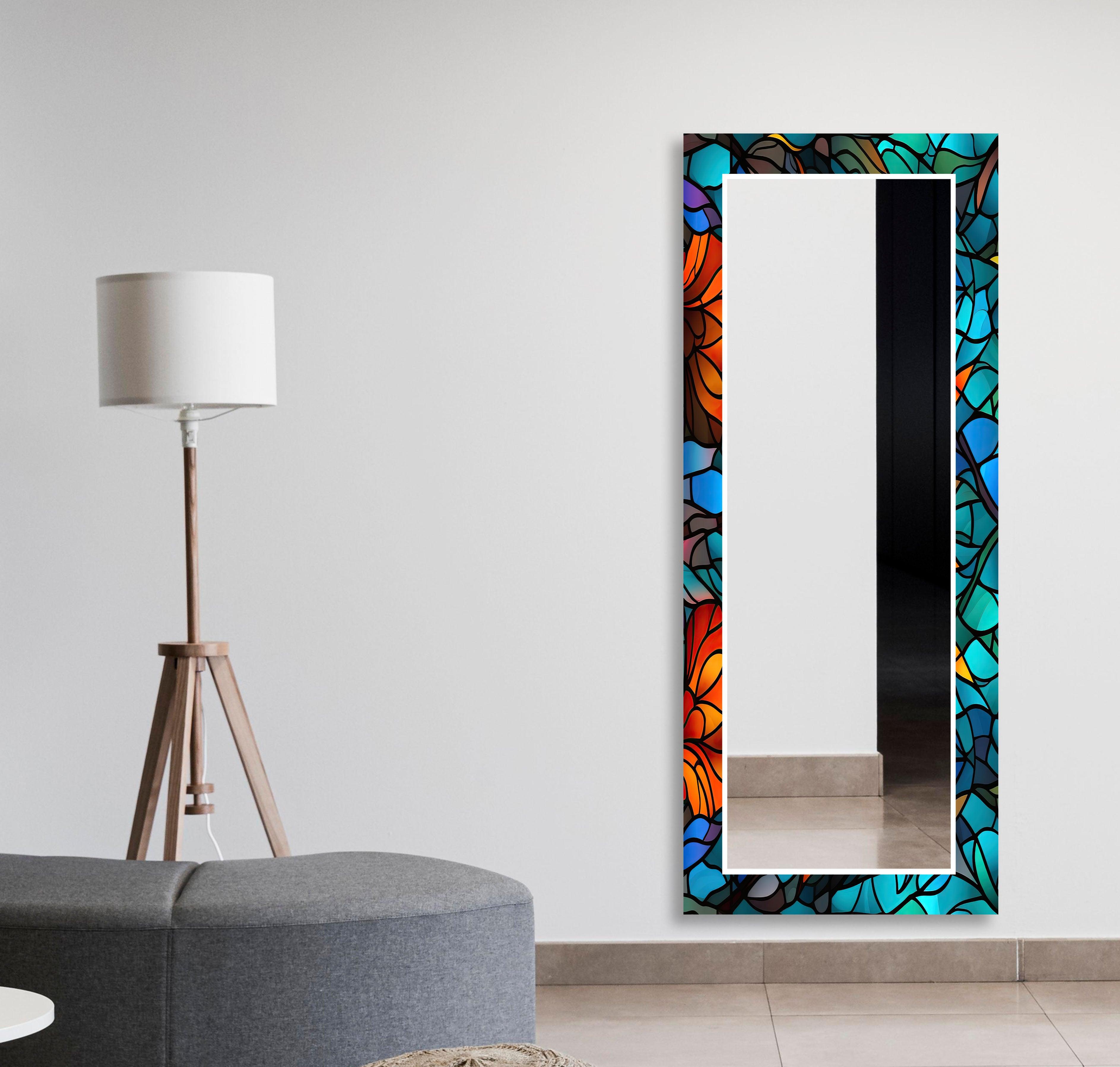 Blue Orange Leaf Wall Mirrors - Decorative Round Mirror for Living Room, Bedroom, Bathroom - Boho Home Decor Accent Piece