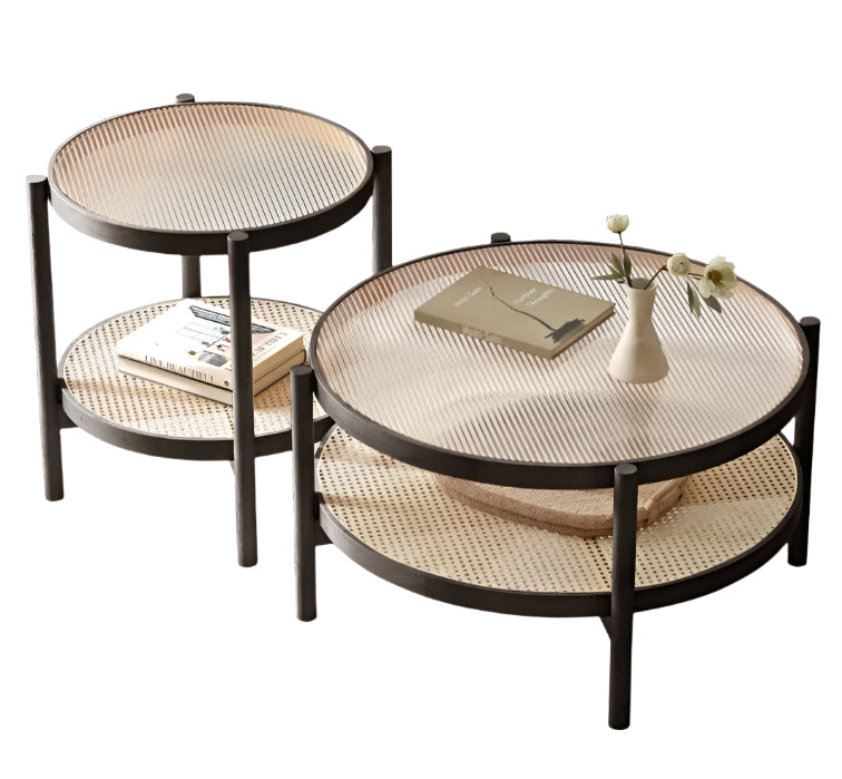 Stylish Oak Solid Wood Coffee Table with Glass Top and Rattan Accents - Perfect for Living Room, Lounge, and Home Decor